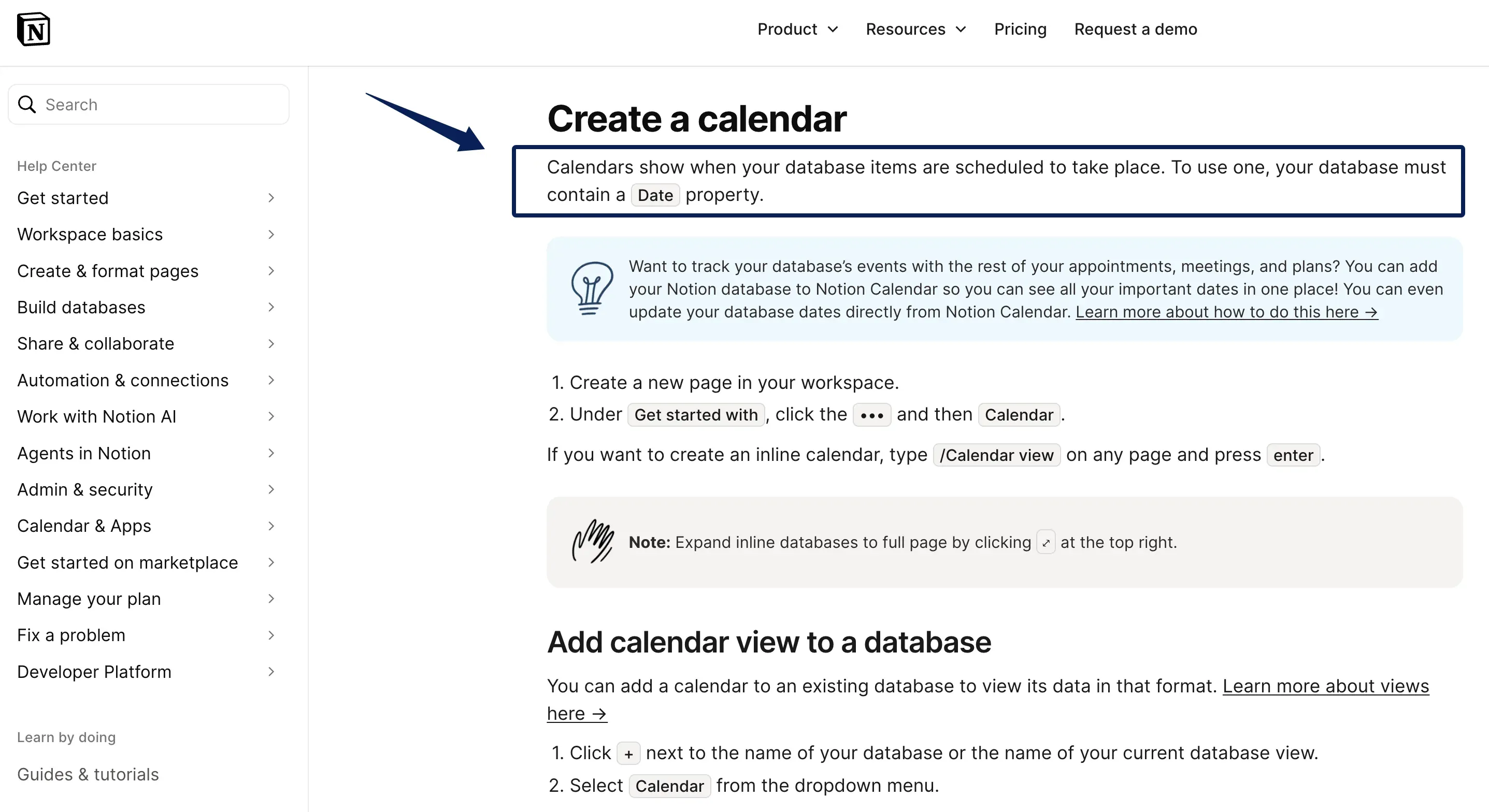 Notion Help explains that a calendar view requires a Date property; screenshot from its calendar-view guide.