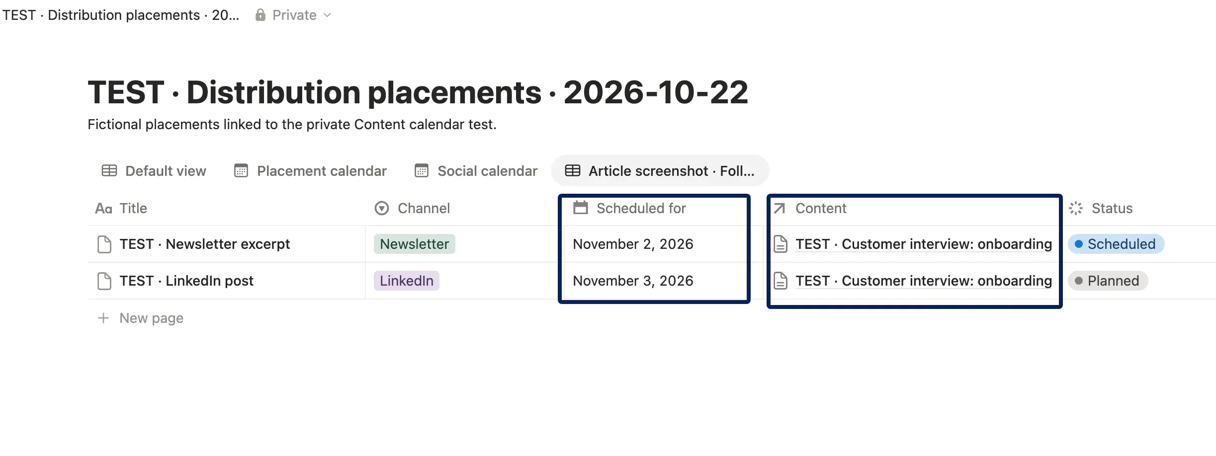 Vendor-supplied private Notion test screenshot: linked newsletter and LinkedIn placements have separate scheduled dates.