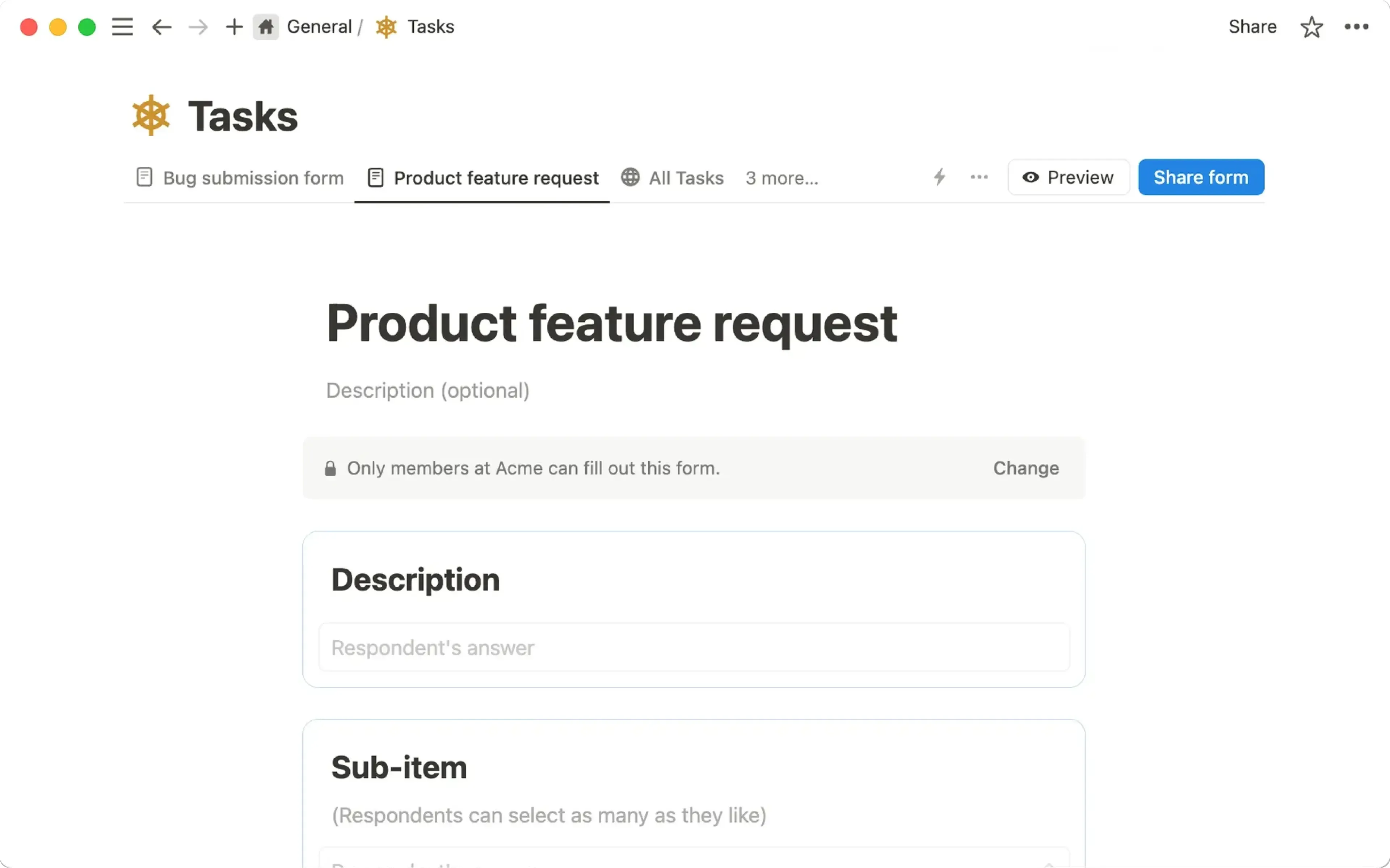 Notion form example from Notion Help; the pictured Tasks database is not this article’s Content calendar.