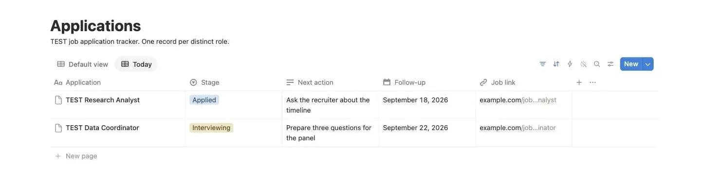 Notion Applications database in its Today view, filtered to TEST applications whose follow-up date is due or overdue, showing stage, next action, follow-up date and the job link