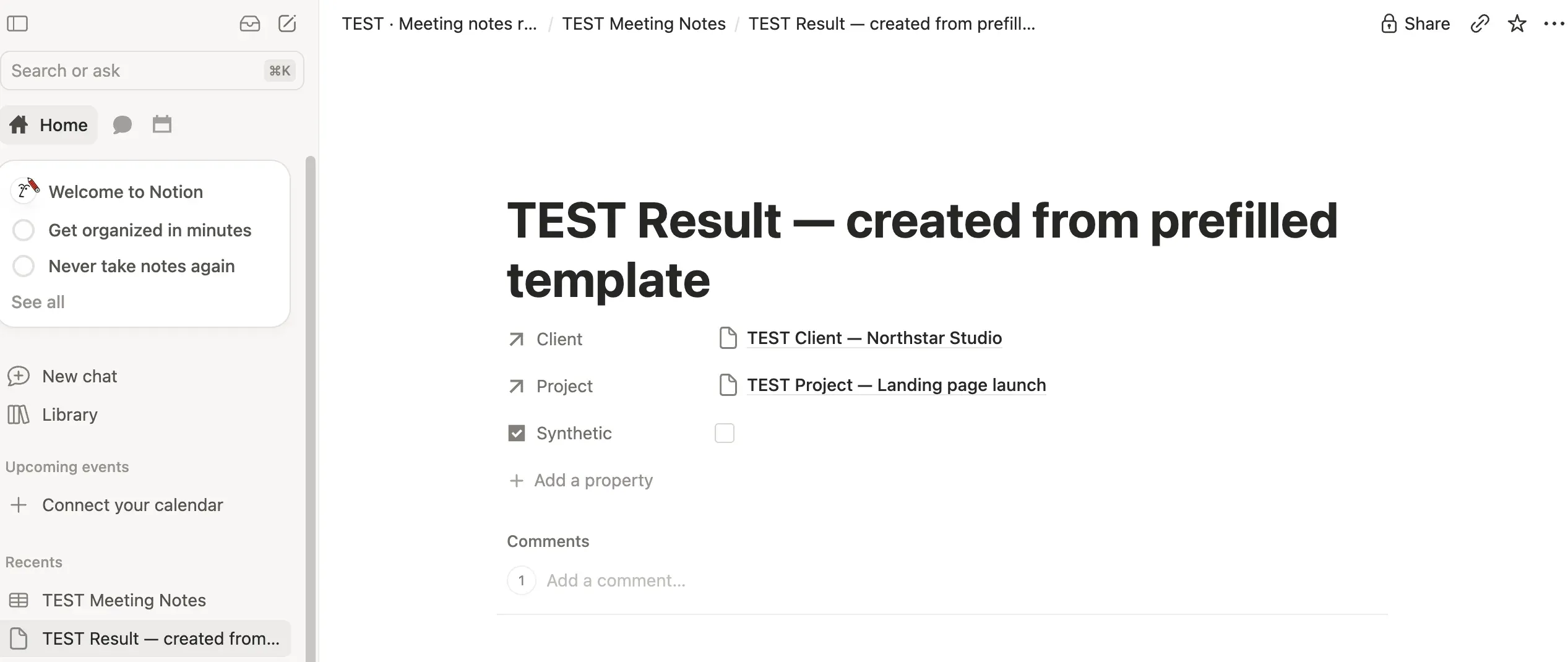 Synthetic Notion meeting note showing Client and Project relation values after creation from a prefilled template.