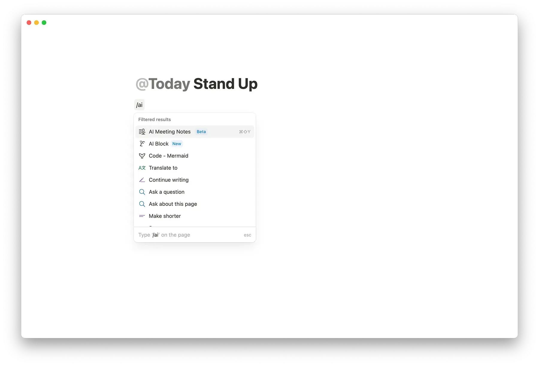 Notion AI menu showing the AI Meeting Notes command; optional recording requires consent and is not part of the manual workflow.