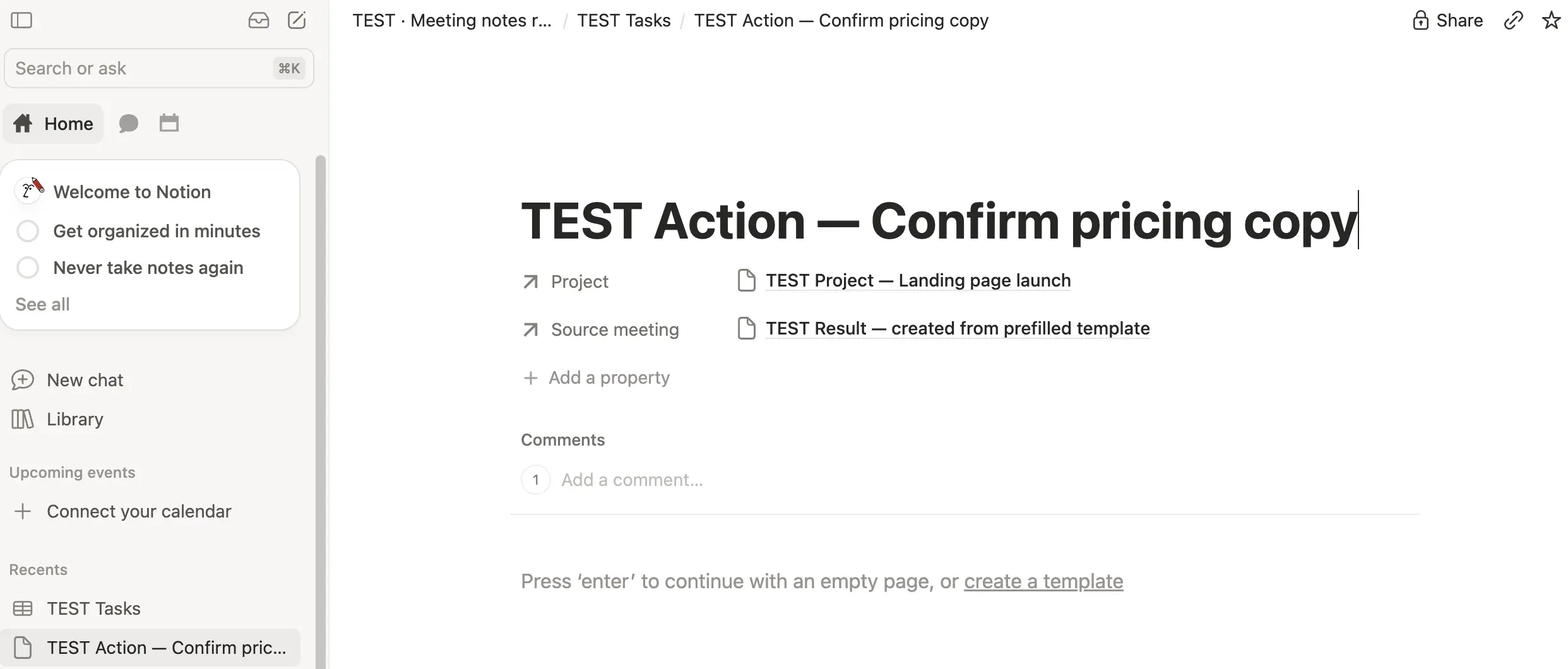 Synthetic Notion task showing Project and Source meeting relations for a pricing-copy action.