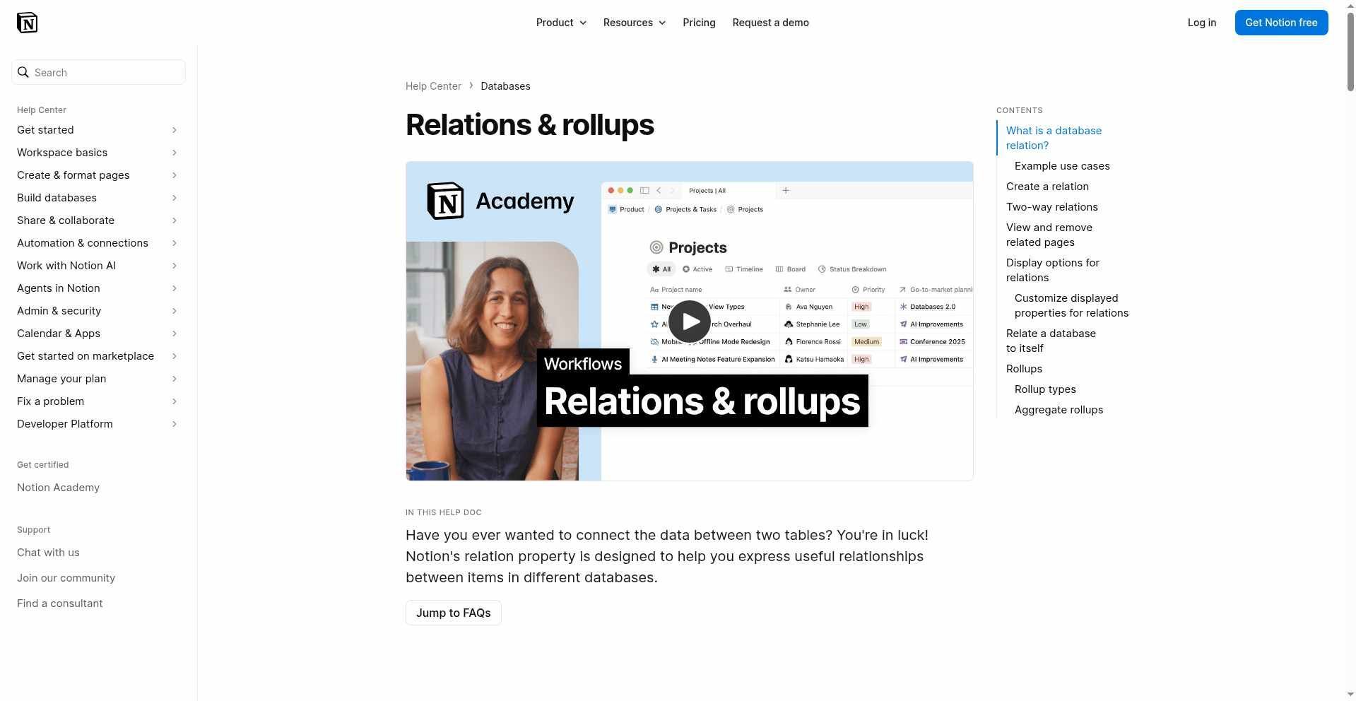 Notion Help Center page for database relations and rollups