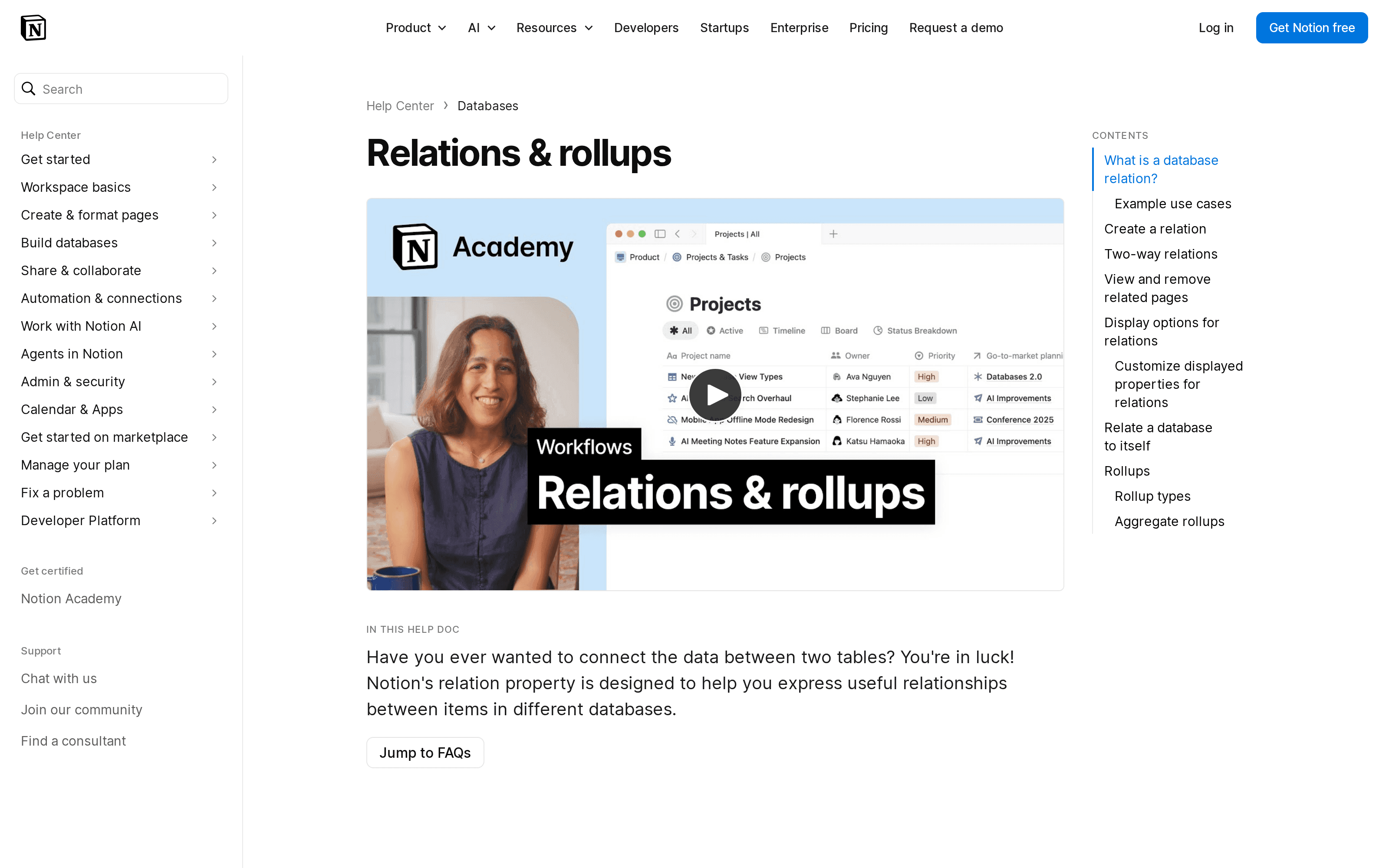 Official Notion Help page for relations and rollups
