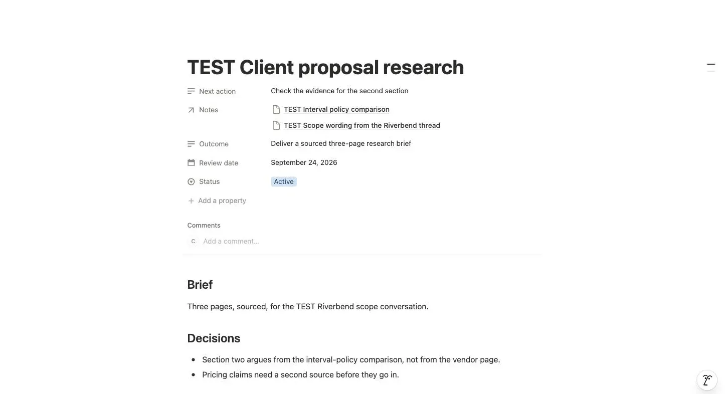 A TEST project page in Notion showing its outcome, next action, review date and two related notes reached through a relation property, above the project brief and its recorded decisions