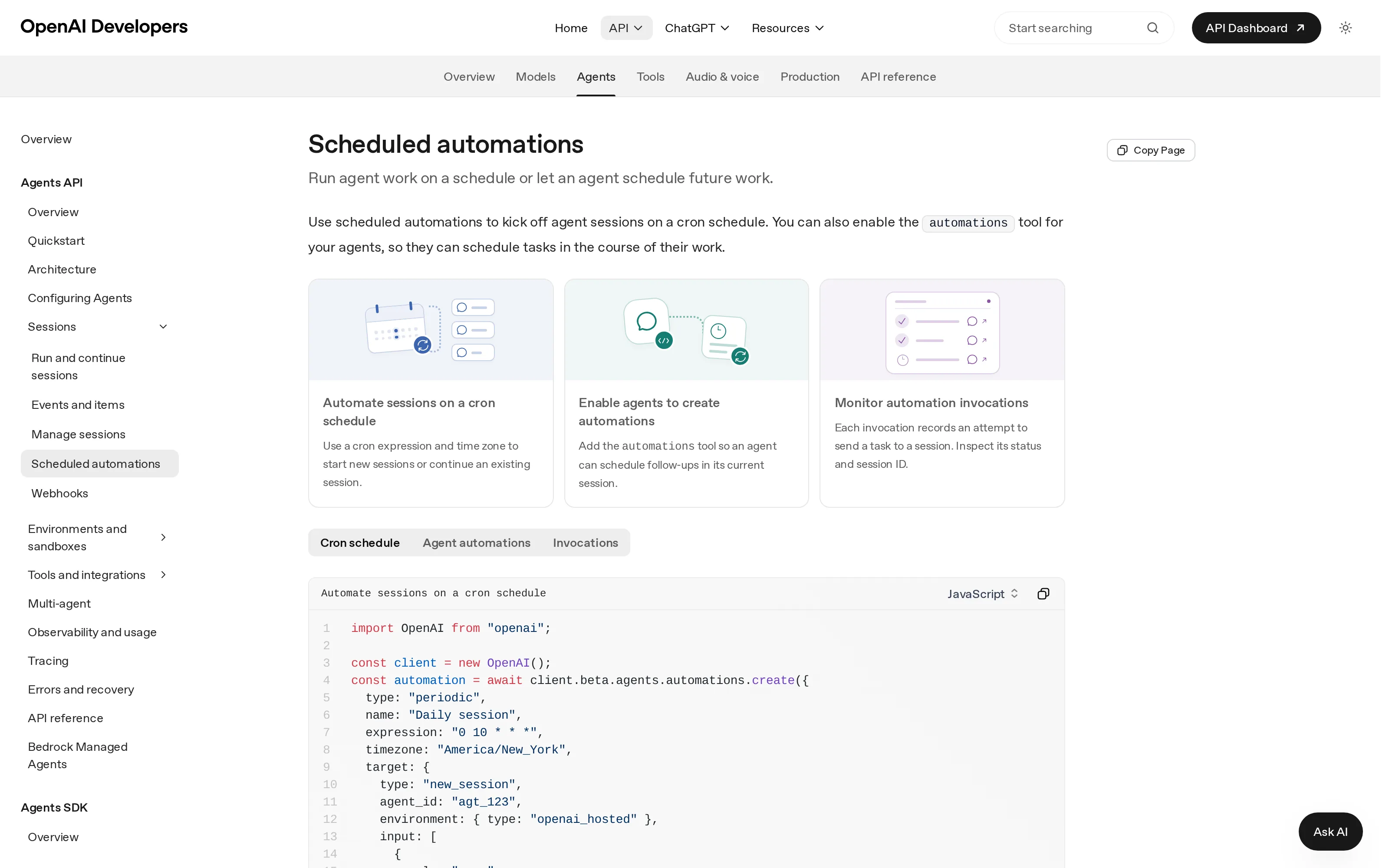 OpenAI Developers documentation introducing scheduled automations, the automations tool and invocation monitoring.