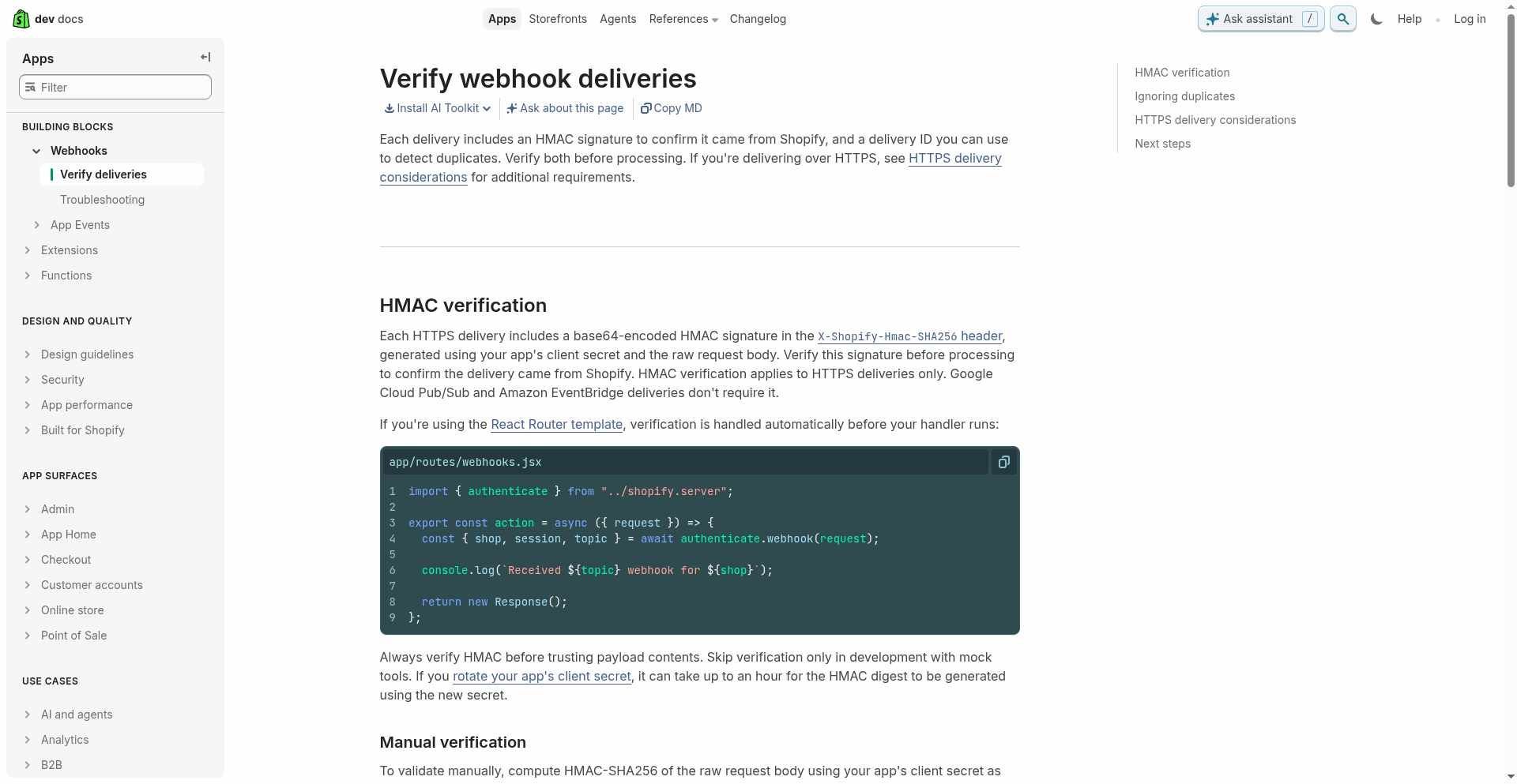 Screenshot of Shopify official documentation for verifying webhook deliveries