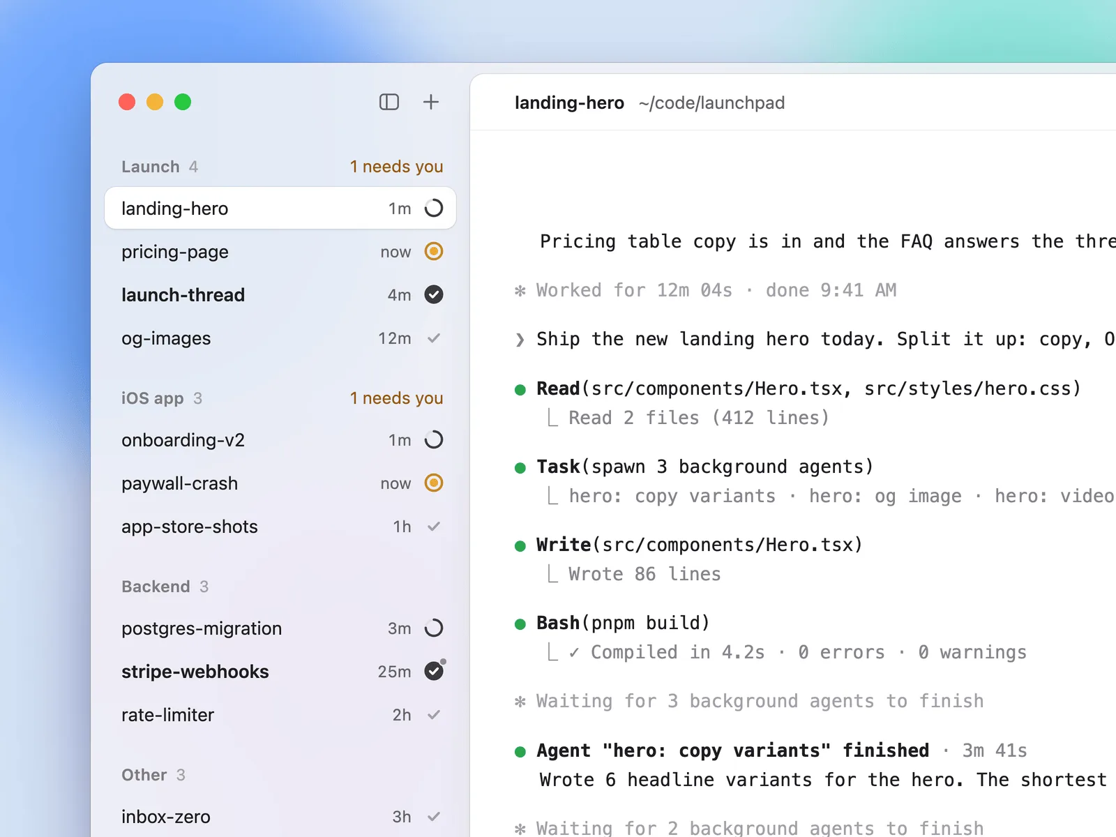 Harp's official sidebar image shows named agent tabs, activity indicators, grouped sessions, and a needs-you count.