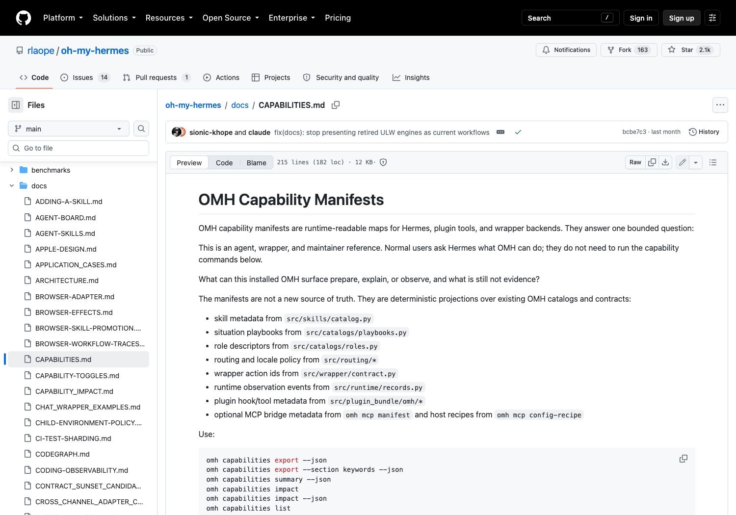 The docs directory of oh-my-hermes on 15 September 2026: the CAPABILITIES reference opened beside a sidebar of dozens of other Markdown files, with the repository at 2.1k stars and 163 forks.