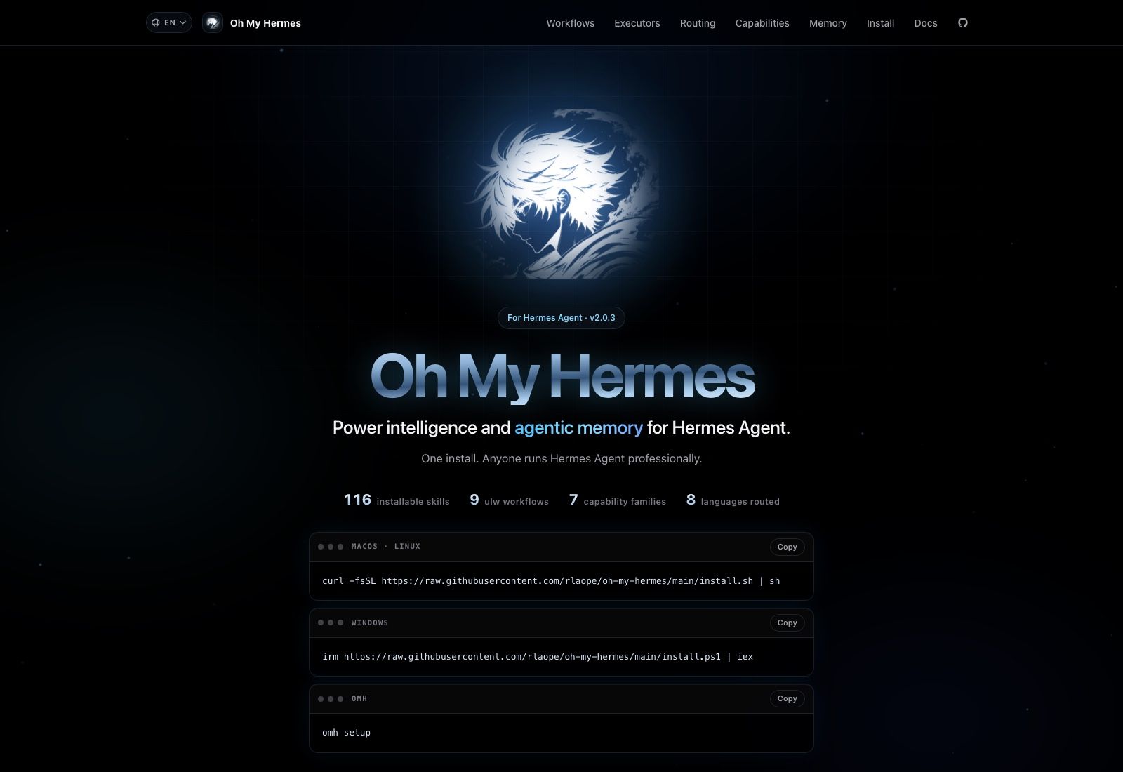 The oh-my-hermes project site on 15 September 2026, showing the v2.0.3 badge, the four headline counts, and the three install paths for macOS, Linux and Windows.