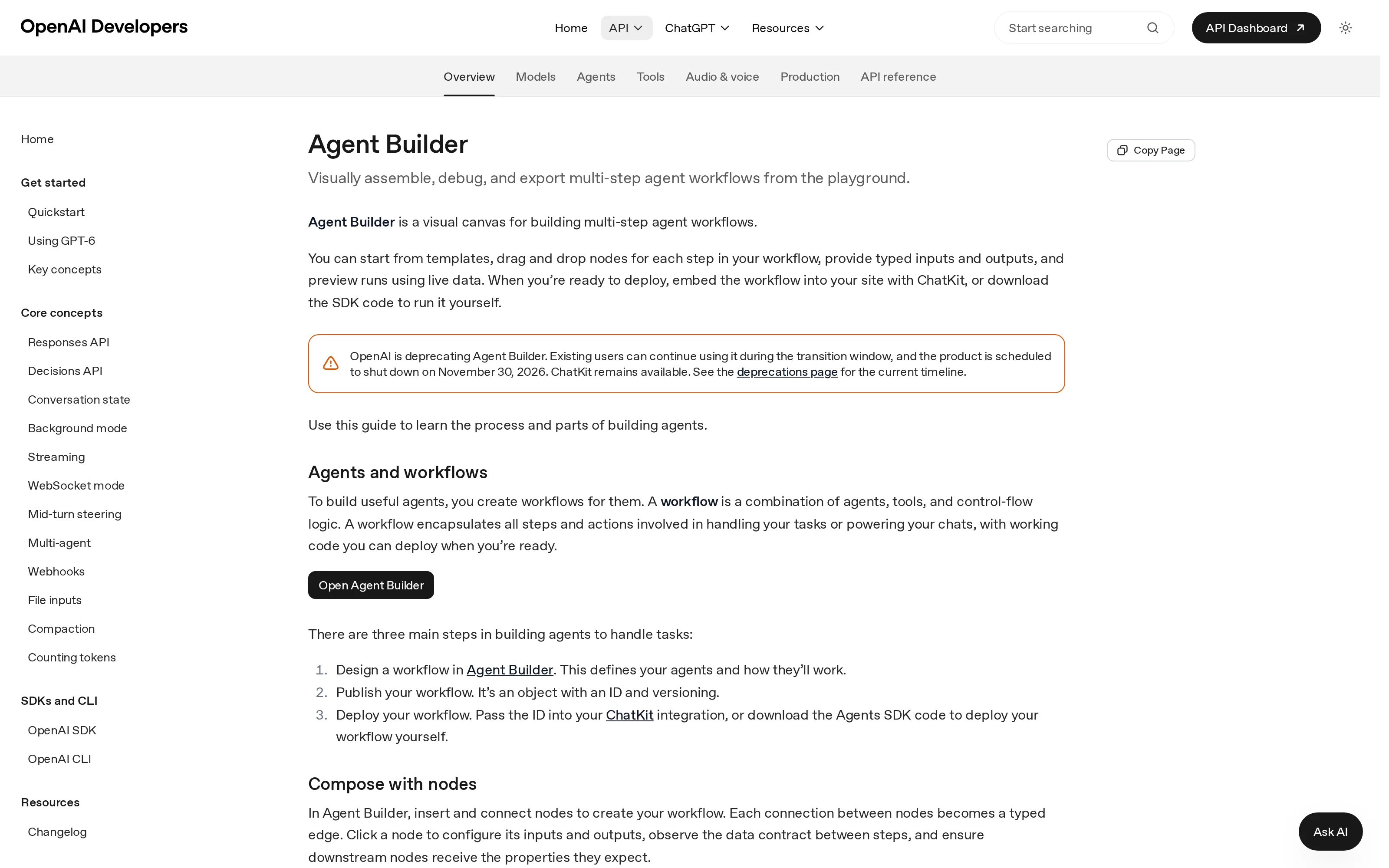 OpenAI Agent Builder guide showing the November 30 shutdown notice and that ChatKit remains available