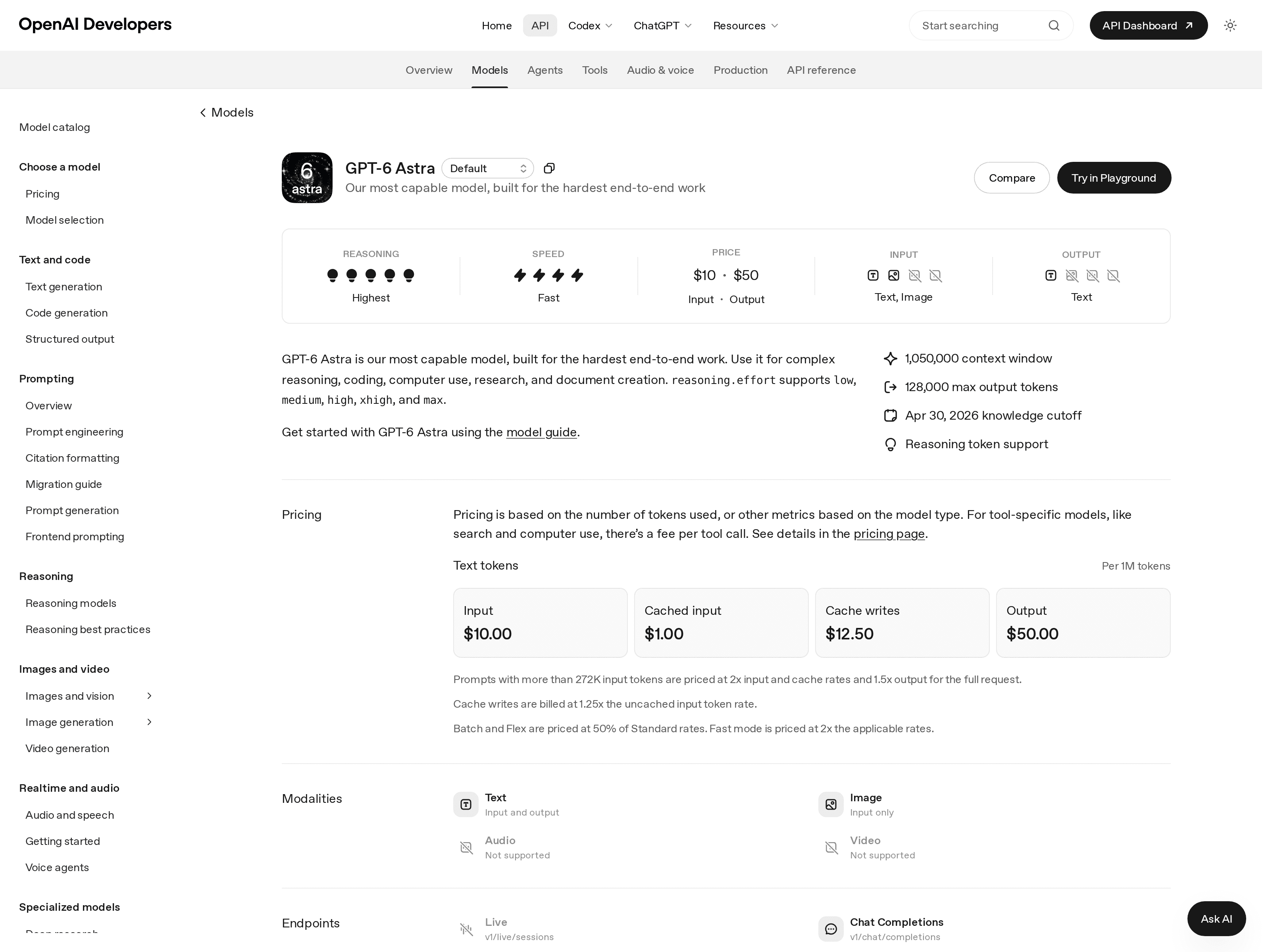 OpenAI’s official GPT-6 Astra model page showing context, token prices and processing rates on September 22, 2026.