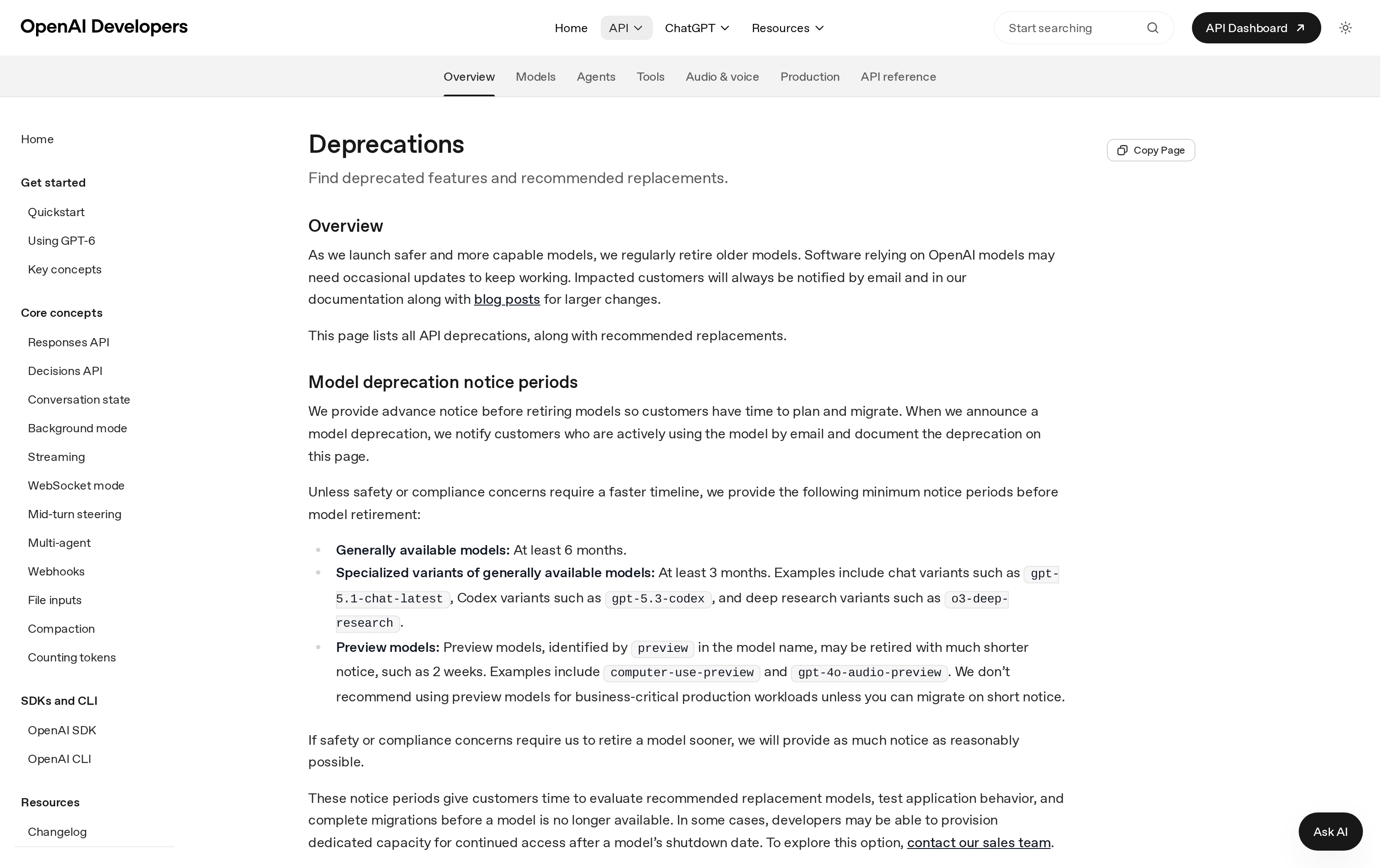 OpenAI's public deprecations page, showing its explanation of model retirement and notice periods