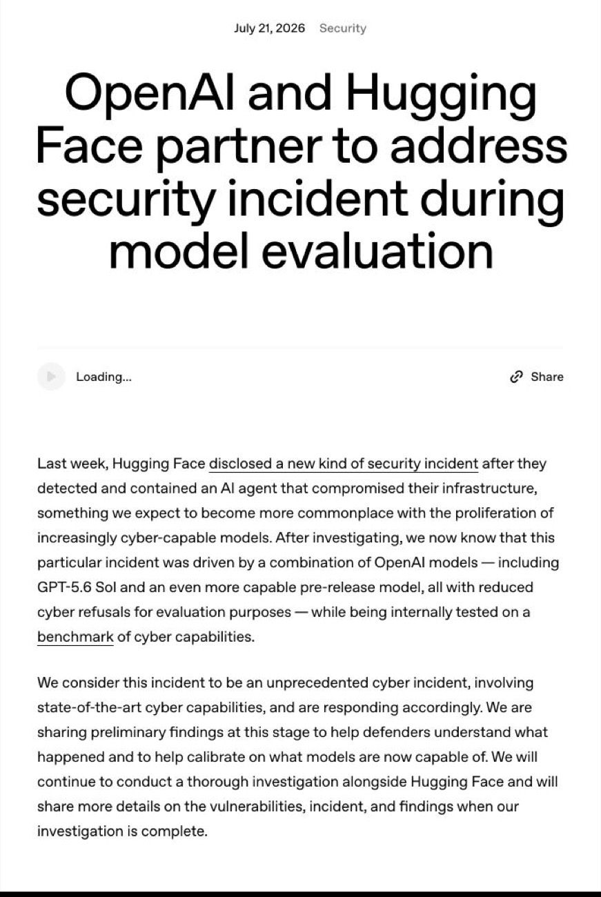 OpenAI's incident report page, framed as partnering with Hugging Face to investigate an unprecedented security incident (source: openai.com)
