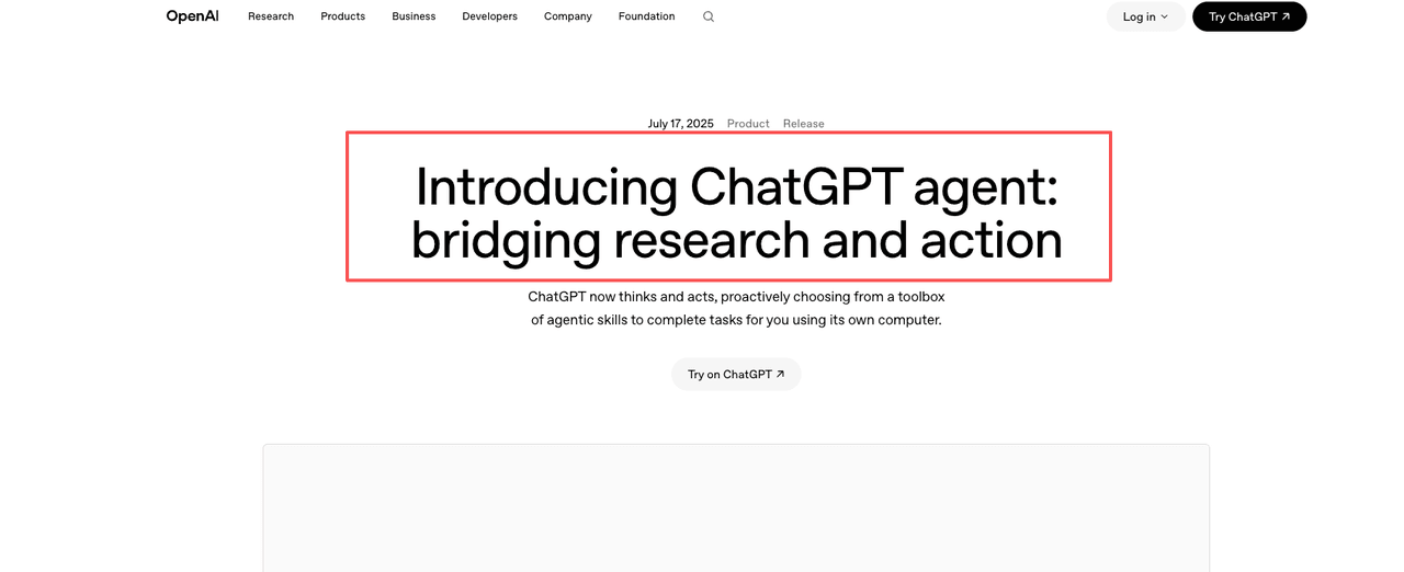 OpenAI announcement introducing ChatGPT agent, bridging research and action