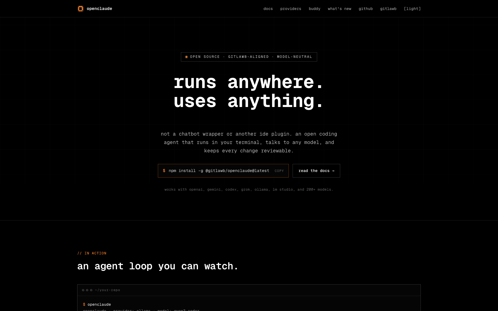 The openclaude homepage: the tagline "runs anywhere. uses anything" above the npm install command, with the supported-model line naming openai, gemini, codex, grok, ollama and lm studio