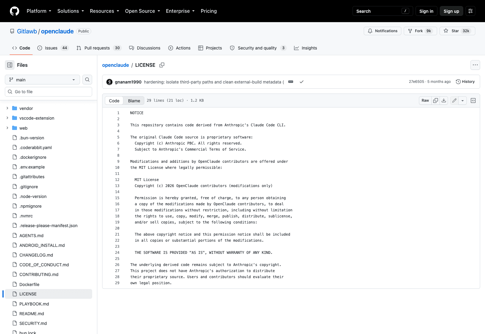 The LICENSE file in the openclaude repository on GitHub: a NOTICE stating the code is derived from Anthropic's proprietary Claude Code CLI, with the MIT grant applying only to contributor modifications