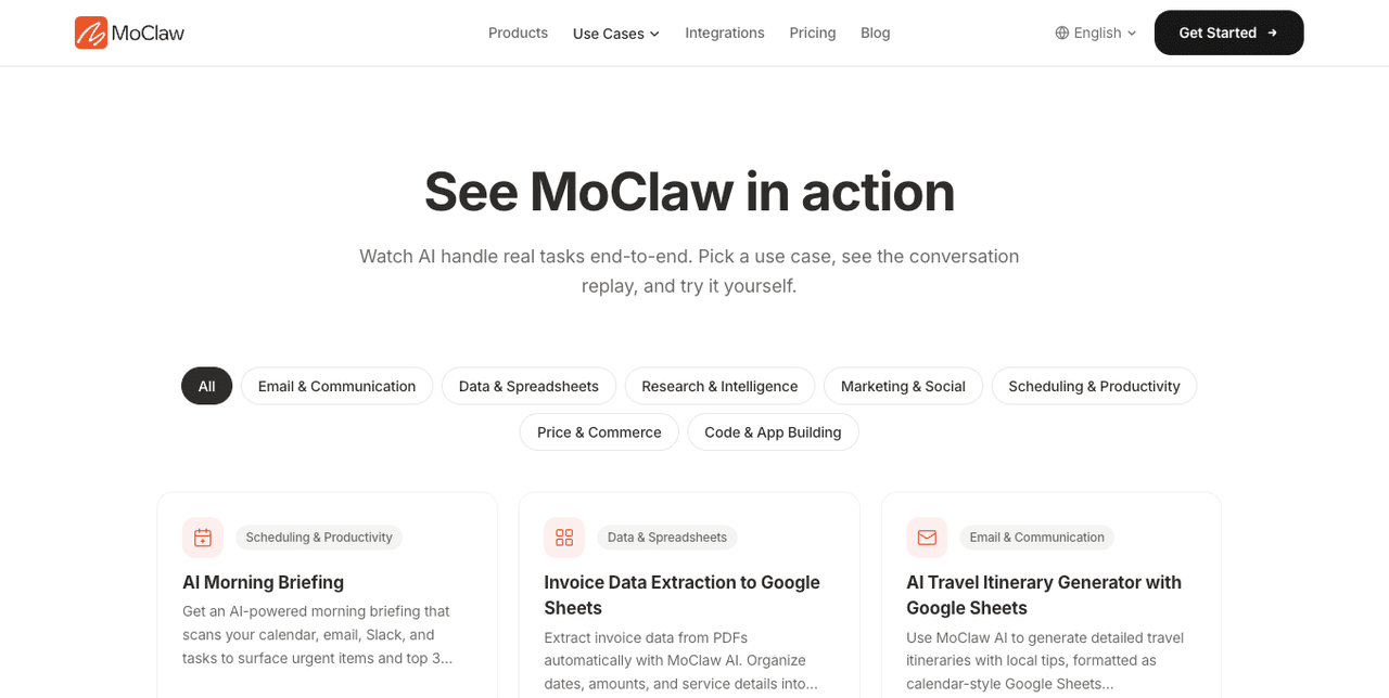 Zentor (formerly MoClaw) use-case gallery showing real AI workflows in action