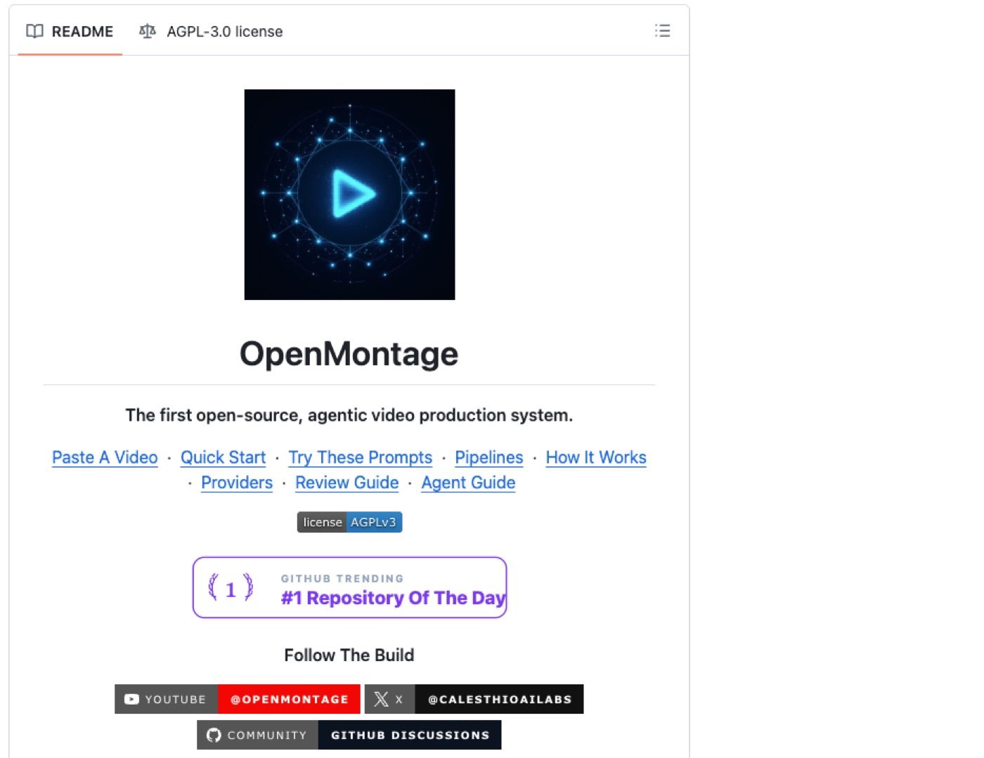 The OpenMontage repository, framed as an open-source agentic video production project.
