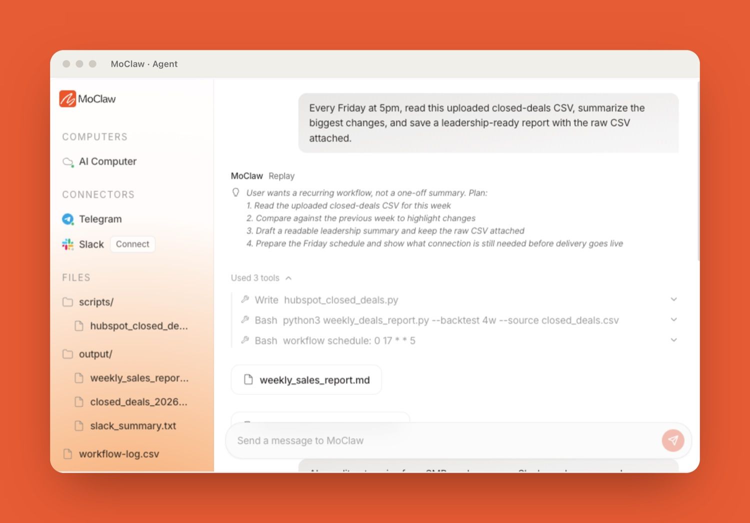 A Zentor (formerly MoClaw) cloud agent assembling a scheduled report, with files and logs kept together in one workspace.