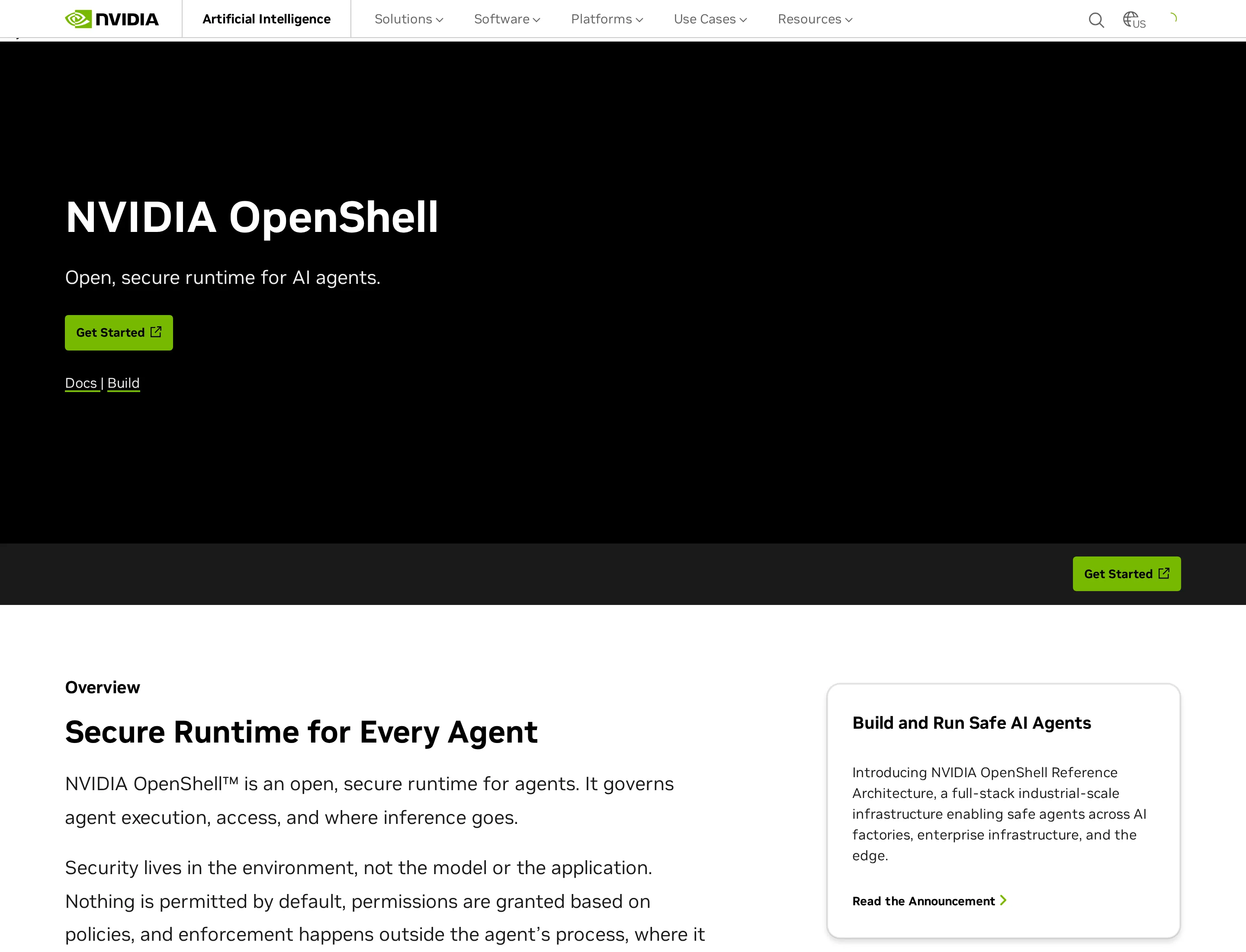 NVIDIA's OpenShell product page describes an open, secure runtime for agents and its environment-level controls.