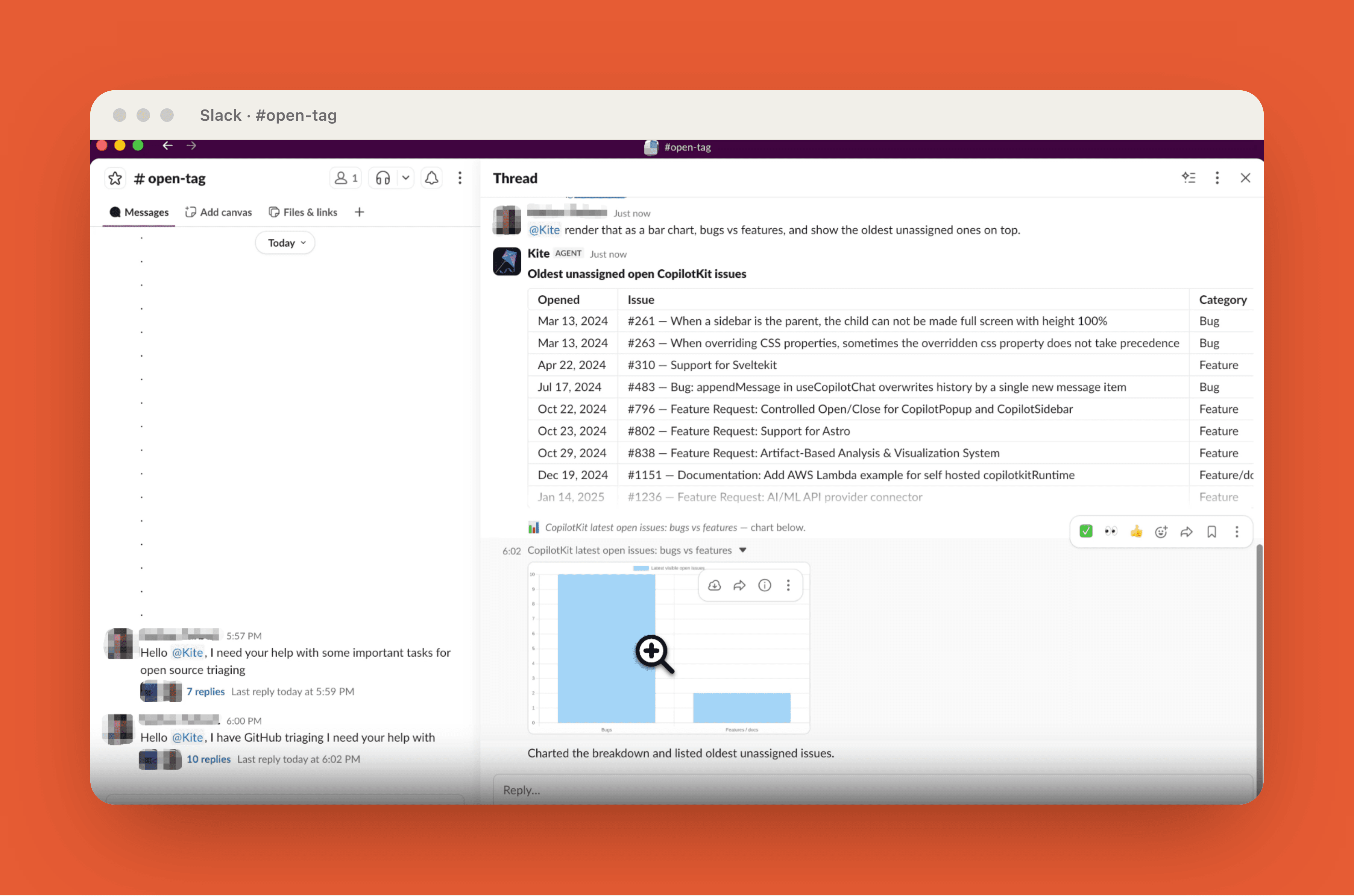 CopilotKit OpenTag agent answering an open-issues request inside a Slack thread