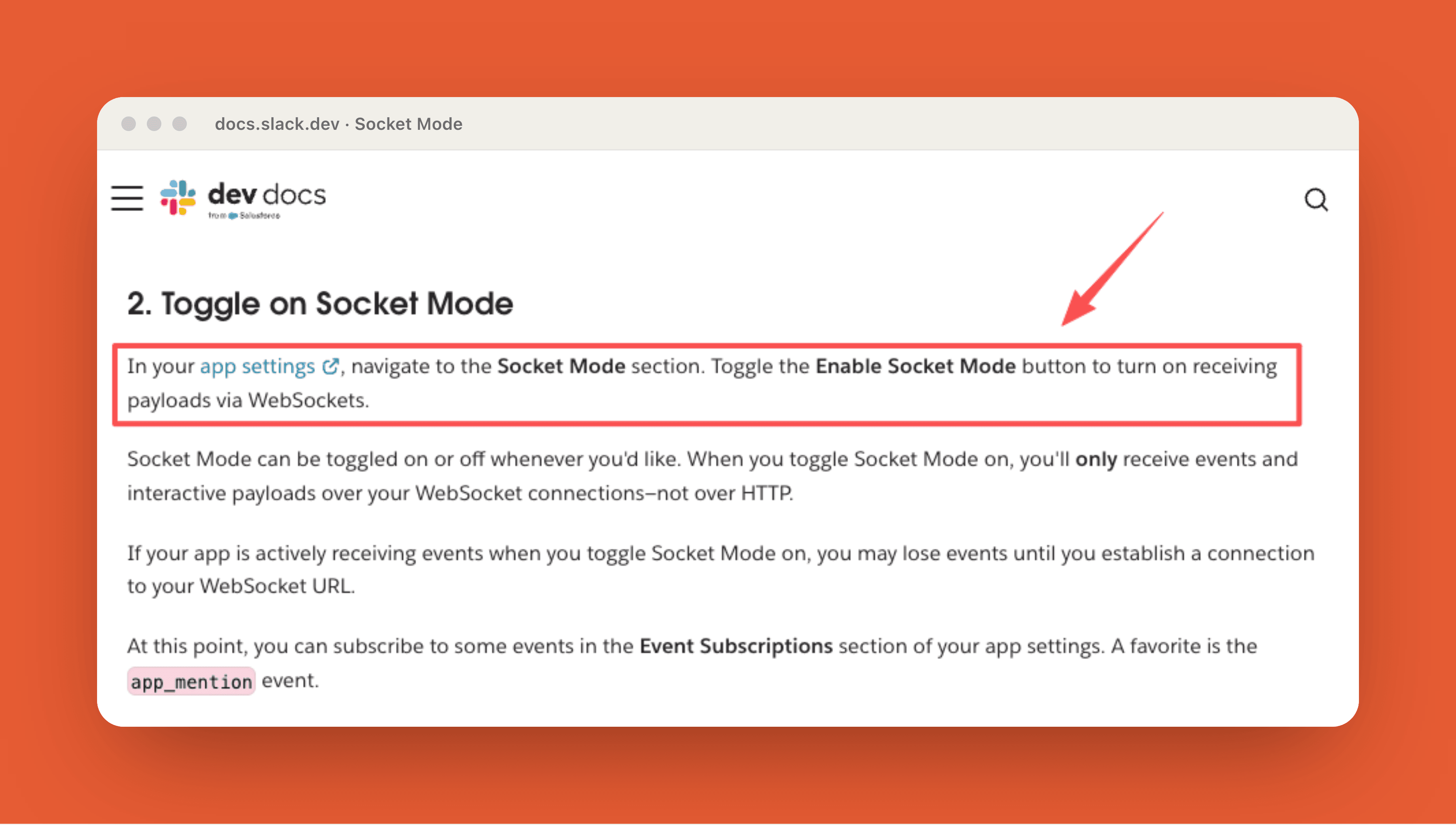 Slack developer docs showing how to toggle on Socket Mode to receive events over WebSockets