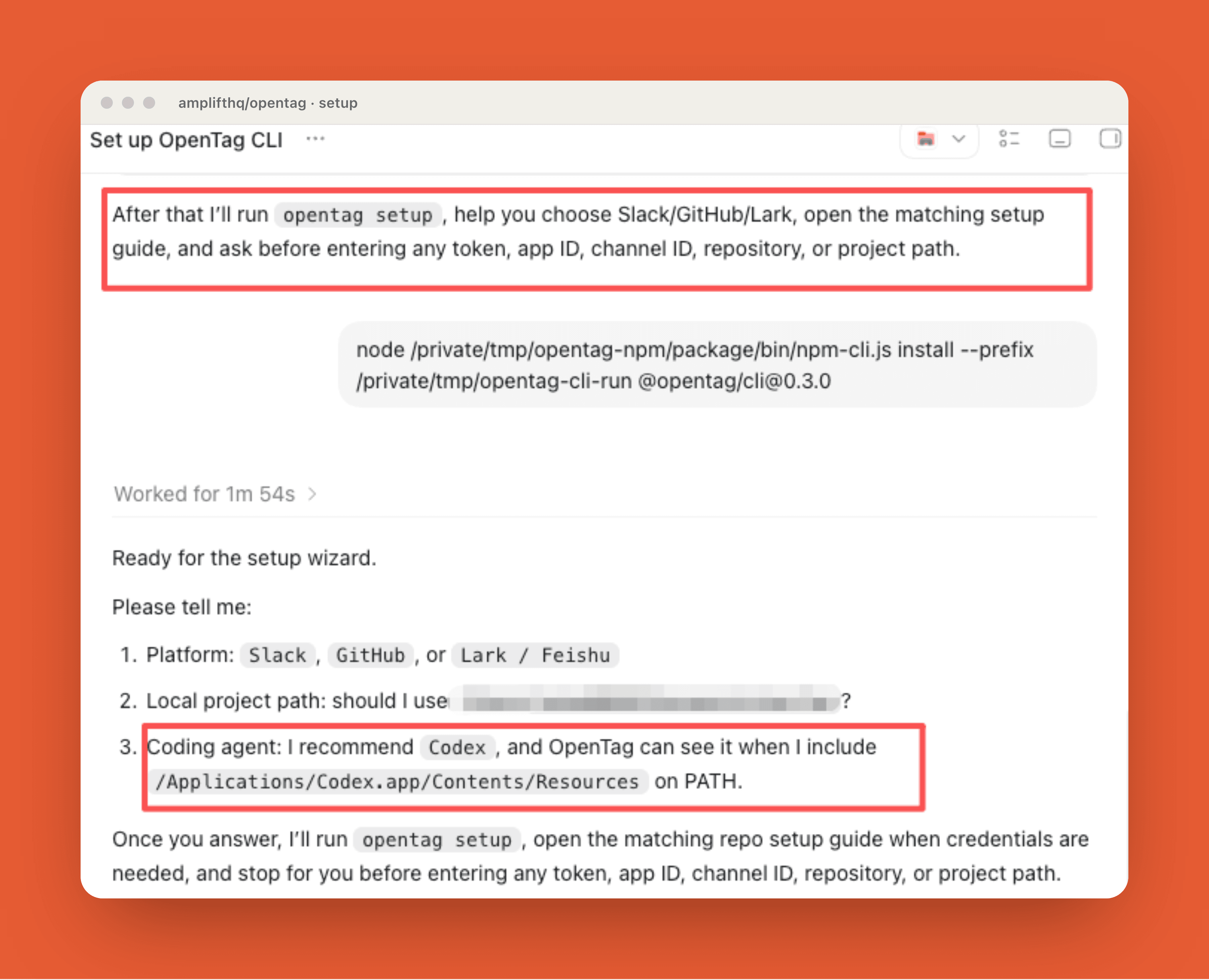 amplifthq/opentag CLI setup wizard choosing Slack, GitHub, or Lark and routing mentions to a local coding agent