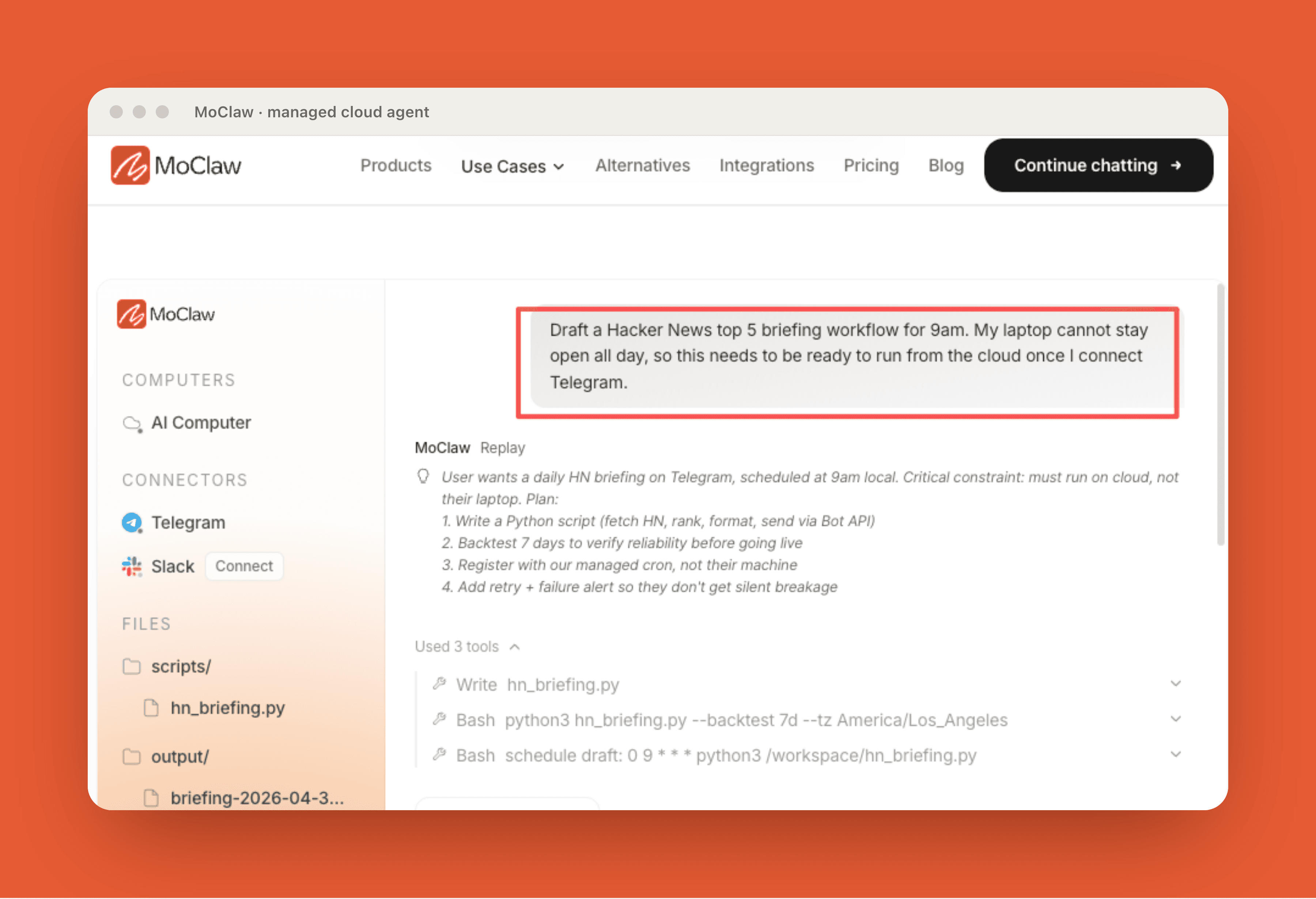 Zentor (formerly MoClaw) drafting a cloud-scheduled Hacker News top 5 briefing workflow from one chat request