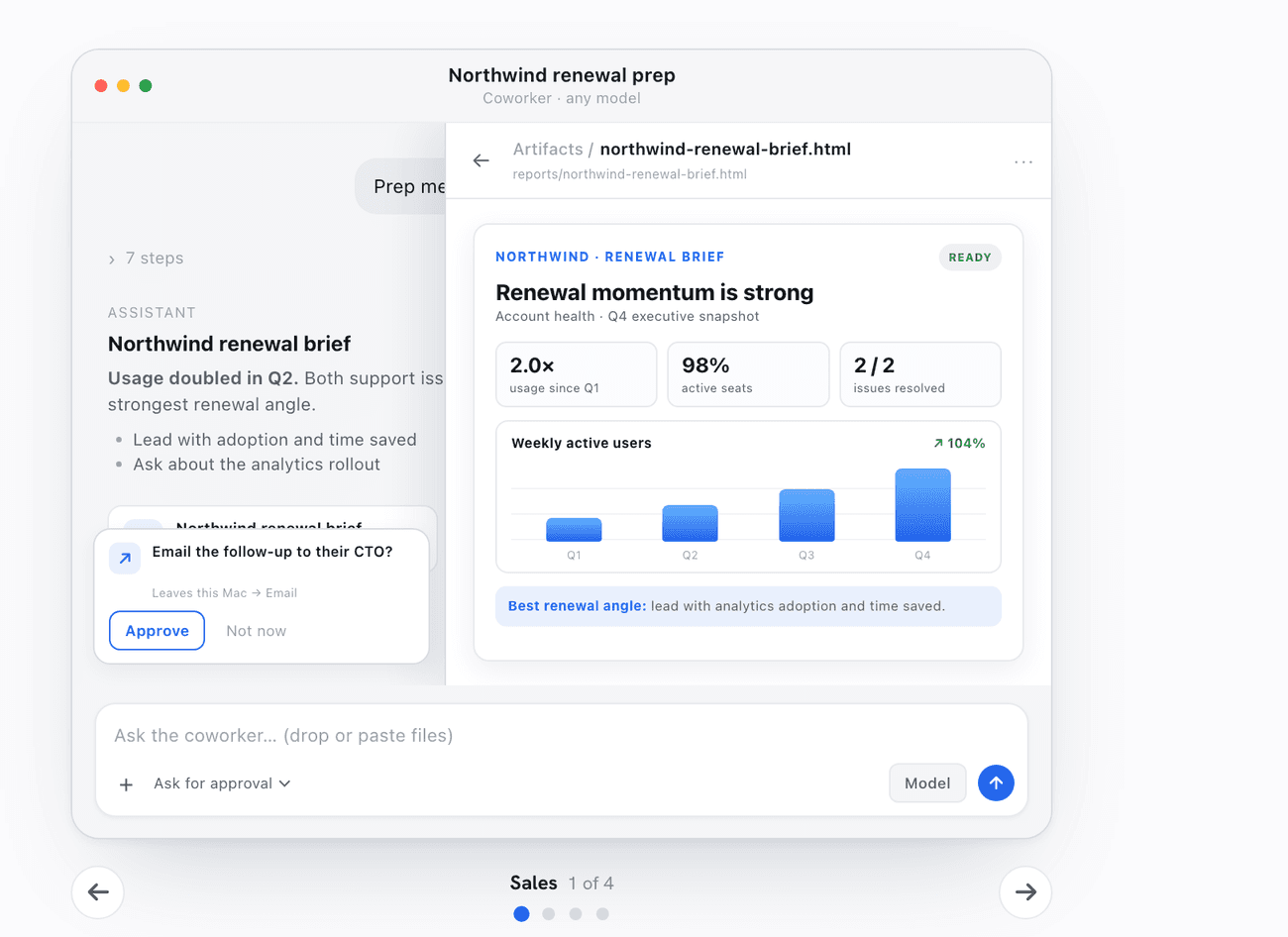 OpenWorker's own demo on openworker.com: the agent produces a finished renewal brief and asks you to approve the follow-up email before it leaves your Mac.