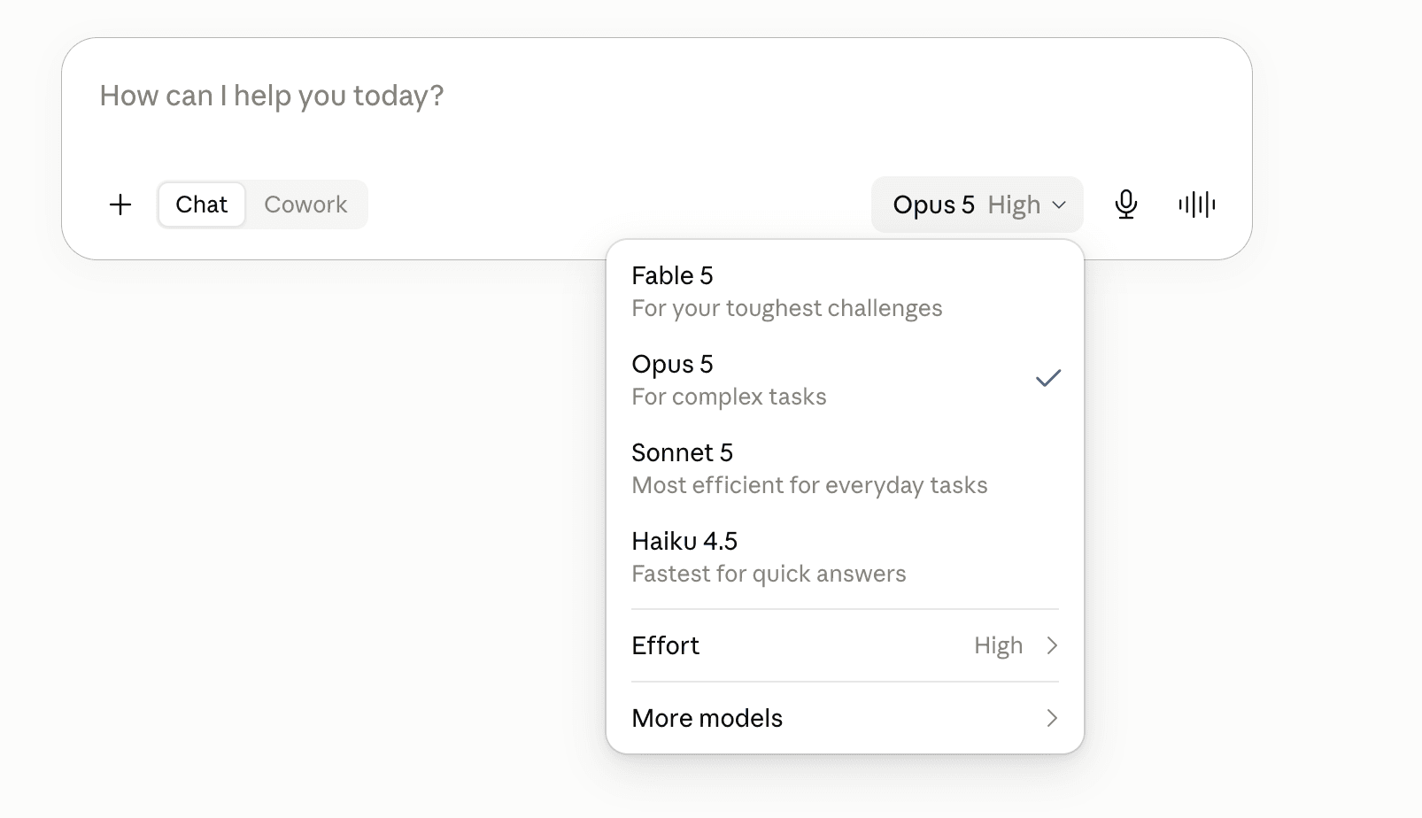 The Claude app model picker with Claude Opus 5 selected and Effort set to High.