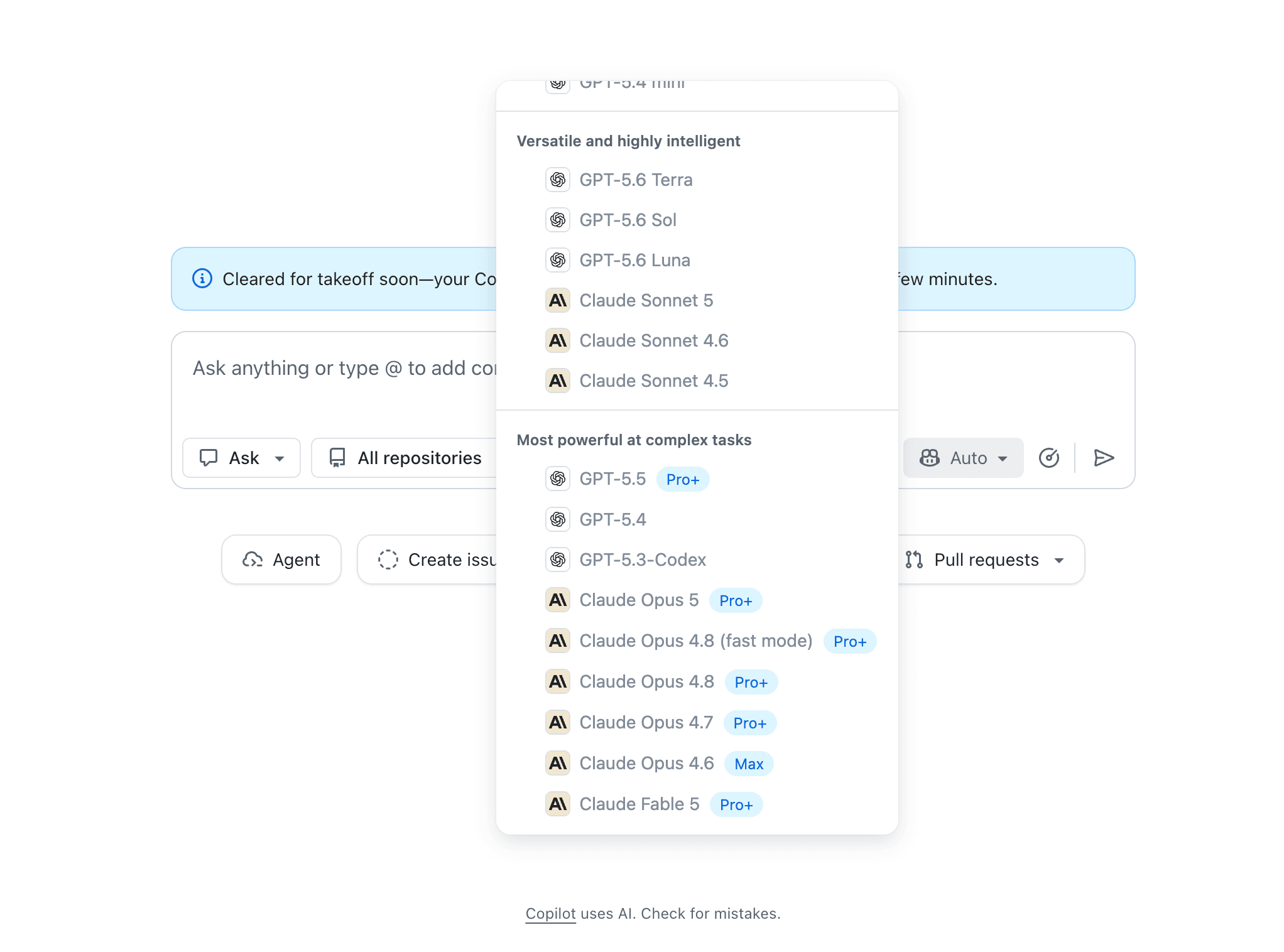 Claude Opus 5 available in the GitHub Copilot model picker with a Pro+ badge.