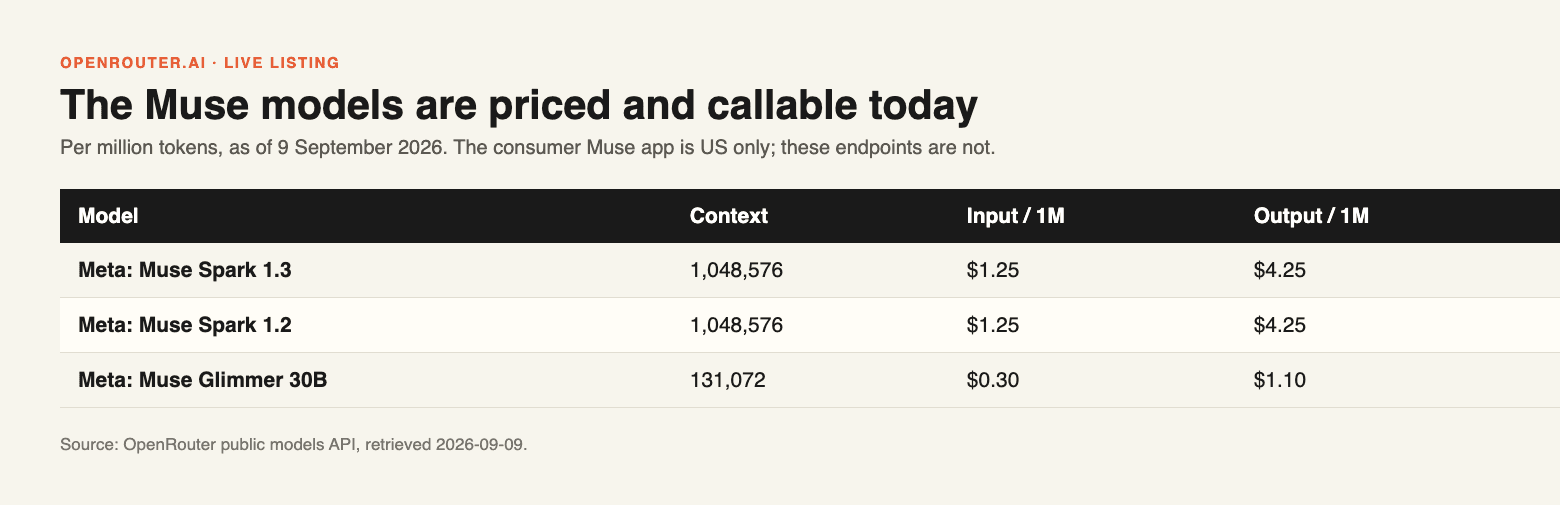 Muse Spark on OpenRouter, priced and callable by API while the consumer app stays inside the United States