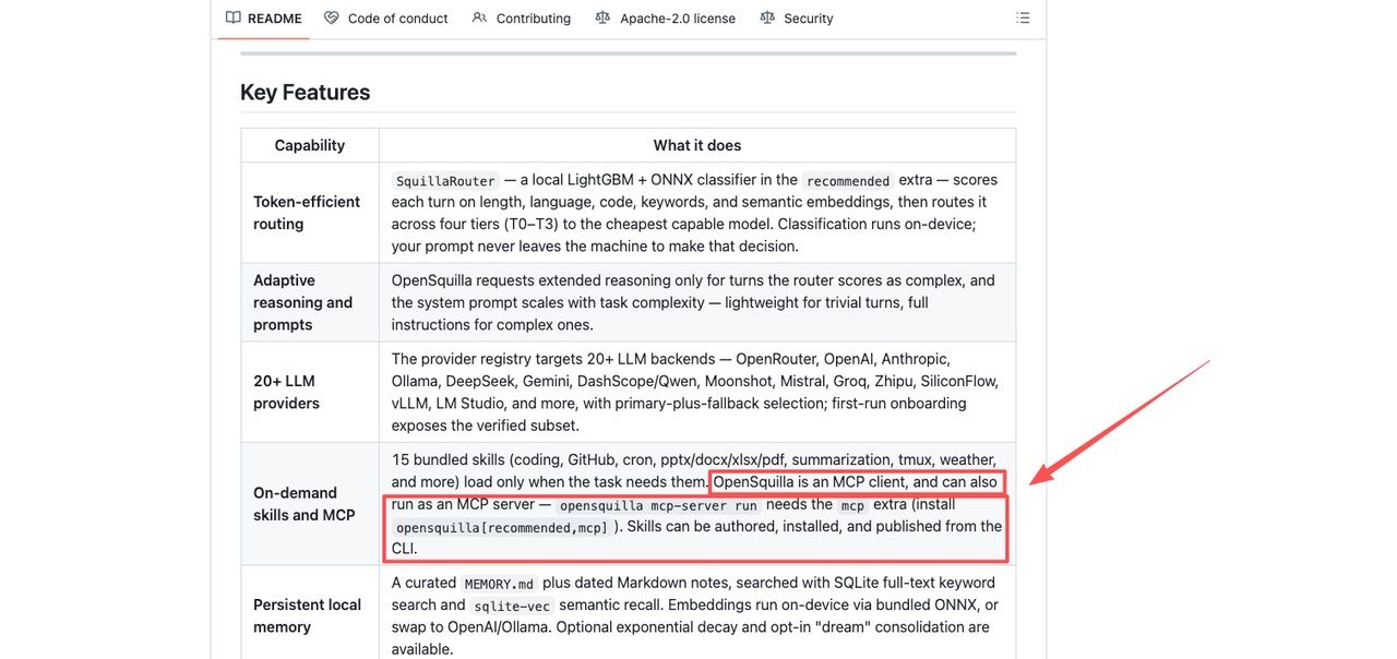 OpenSquilla key features including token-efficient routing, on-demand skills, and MCP support
