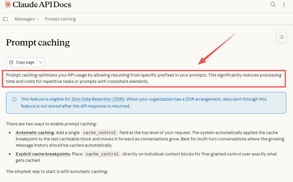 Anthropic prompt caching documentation explaining how reused context costs less