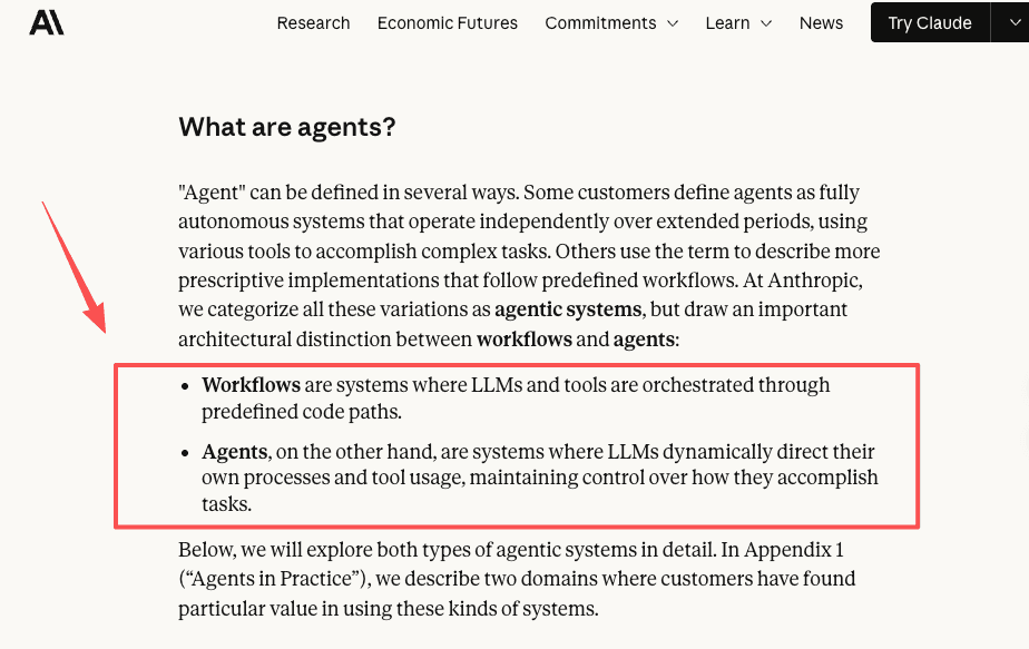 Anthropic's distinction between workflows and agents