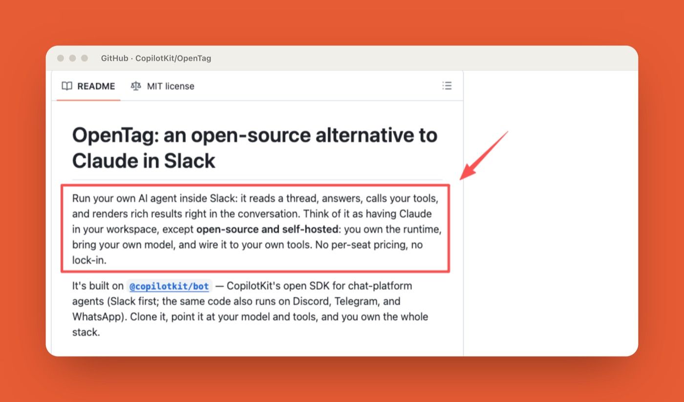 CopilotKit OpenTag open-source Slack agent README on GitHub