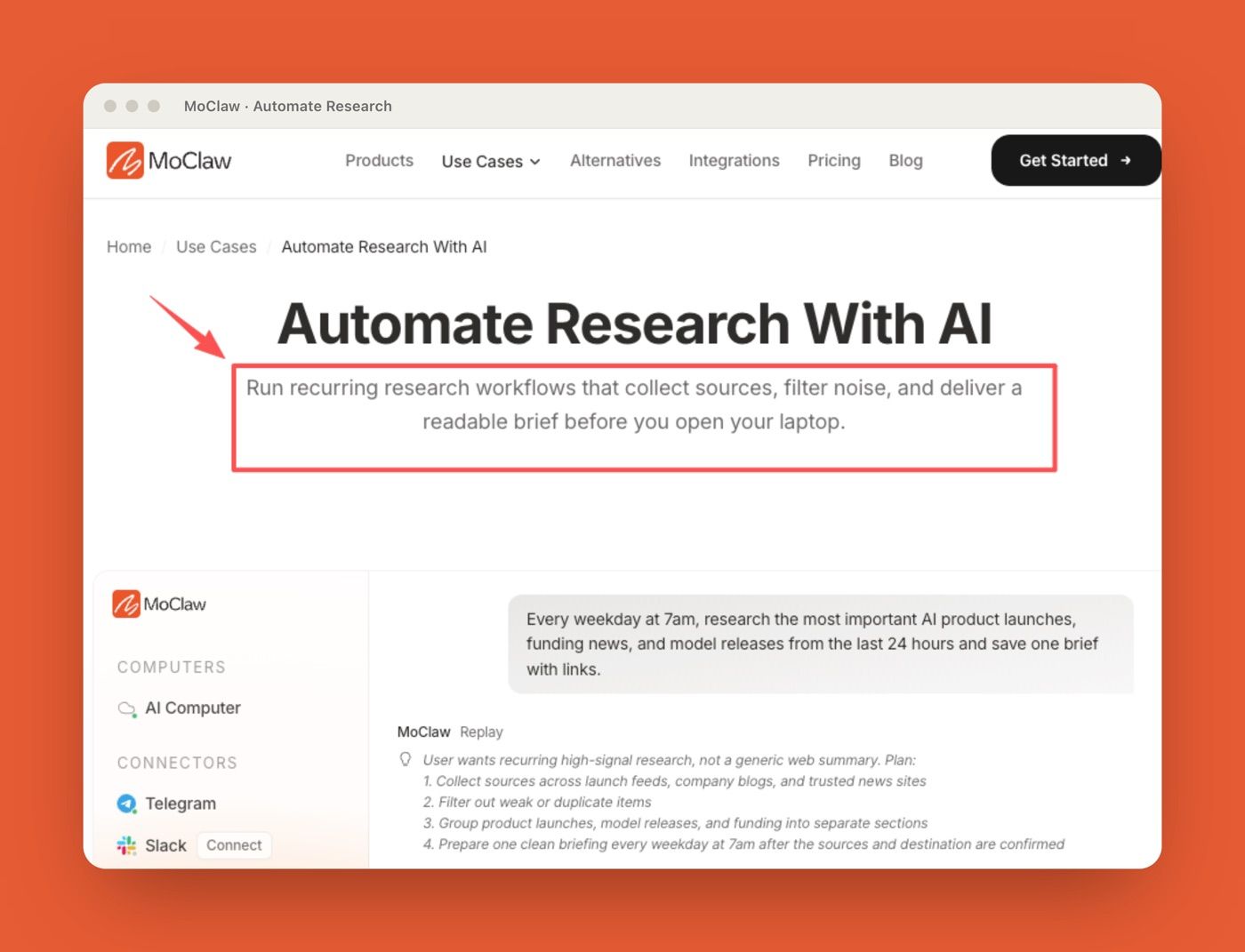 Zentor (formerly MoClaw) Automate Research With AI use case running a recurring research workflow with confirmation
