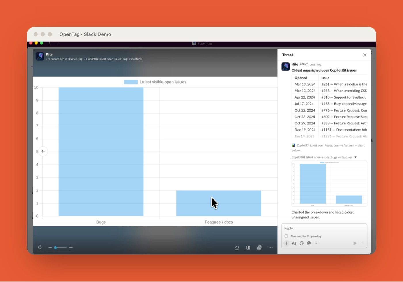 OpenTag rendering a chart and issue table with an approval step inside a Slack thread