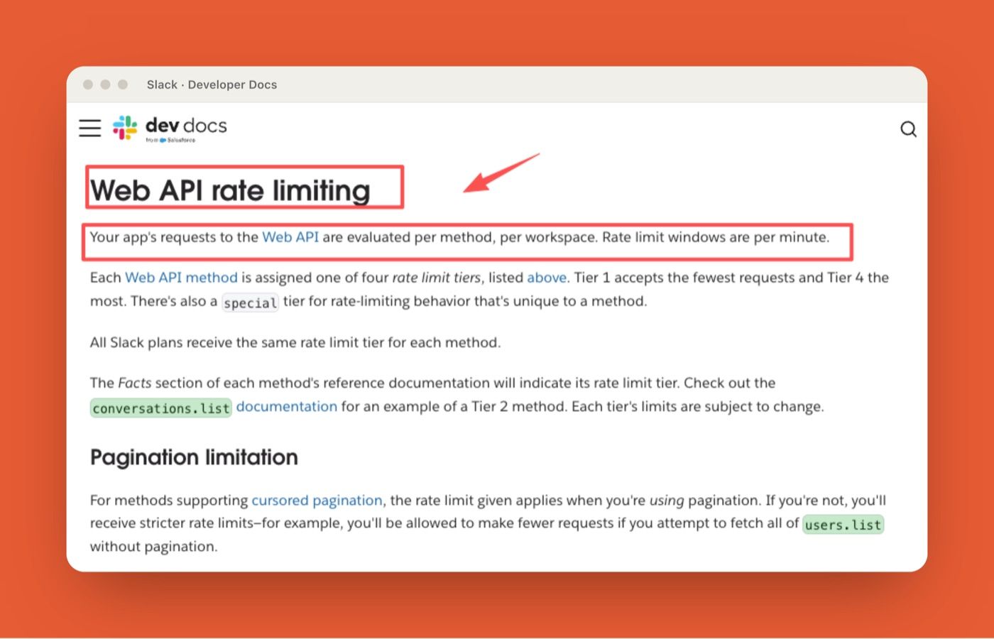 Slack Web API rate limits documentation by method and workspace
