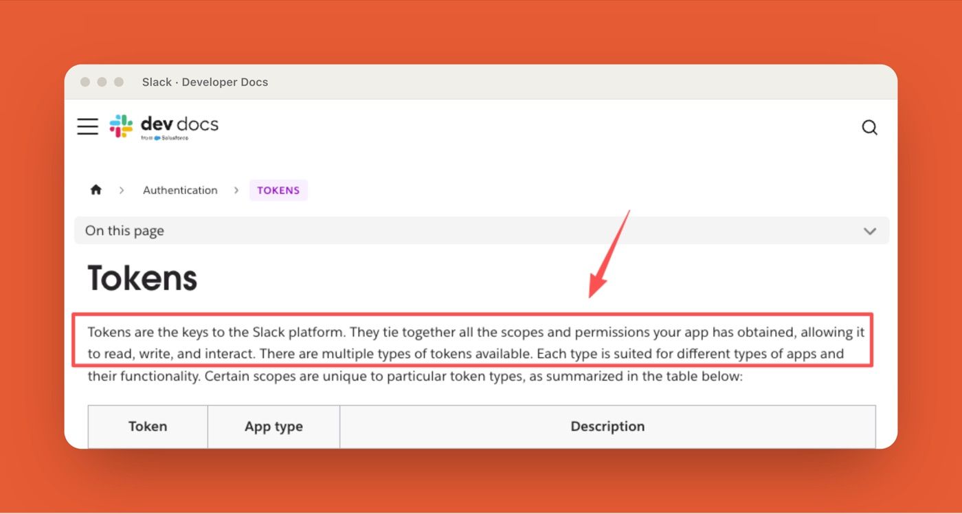 Slack token documentation explaining app scopes and permissions