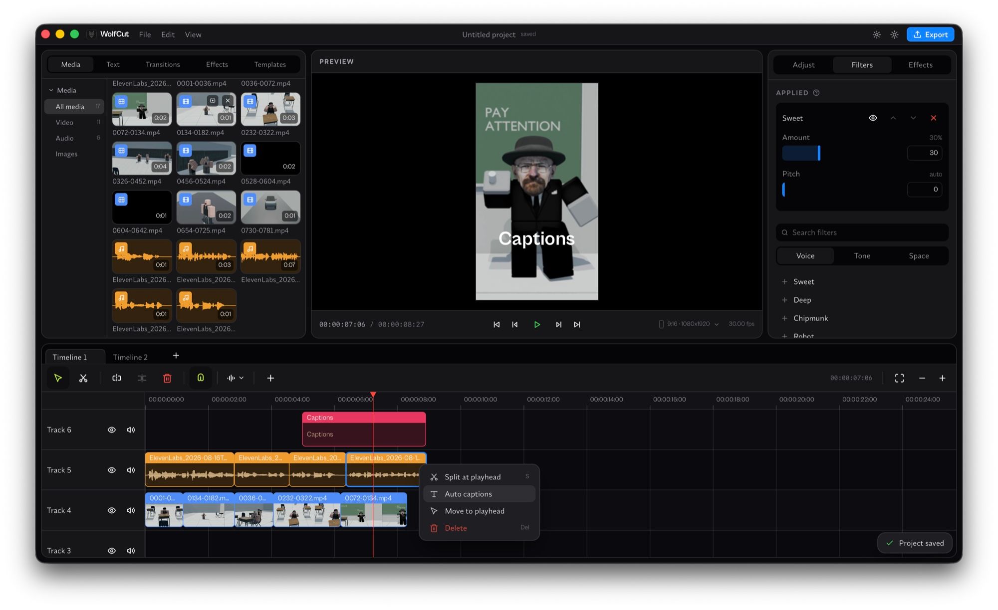 The Concat editor with a 9:16 vertical project open: media bin on the left, preview in the centre, voice filter controls on the right, and six timeline tracks below including a captions track