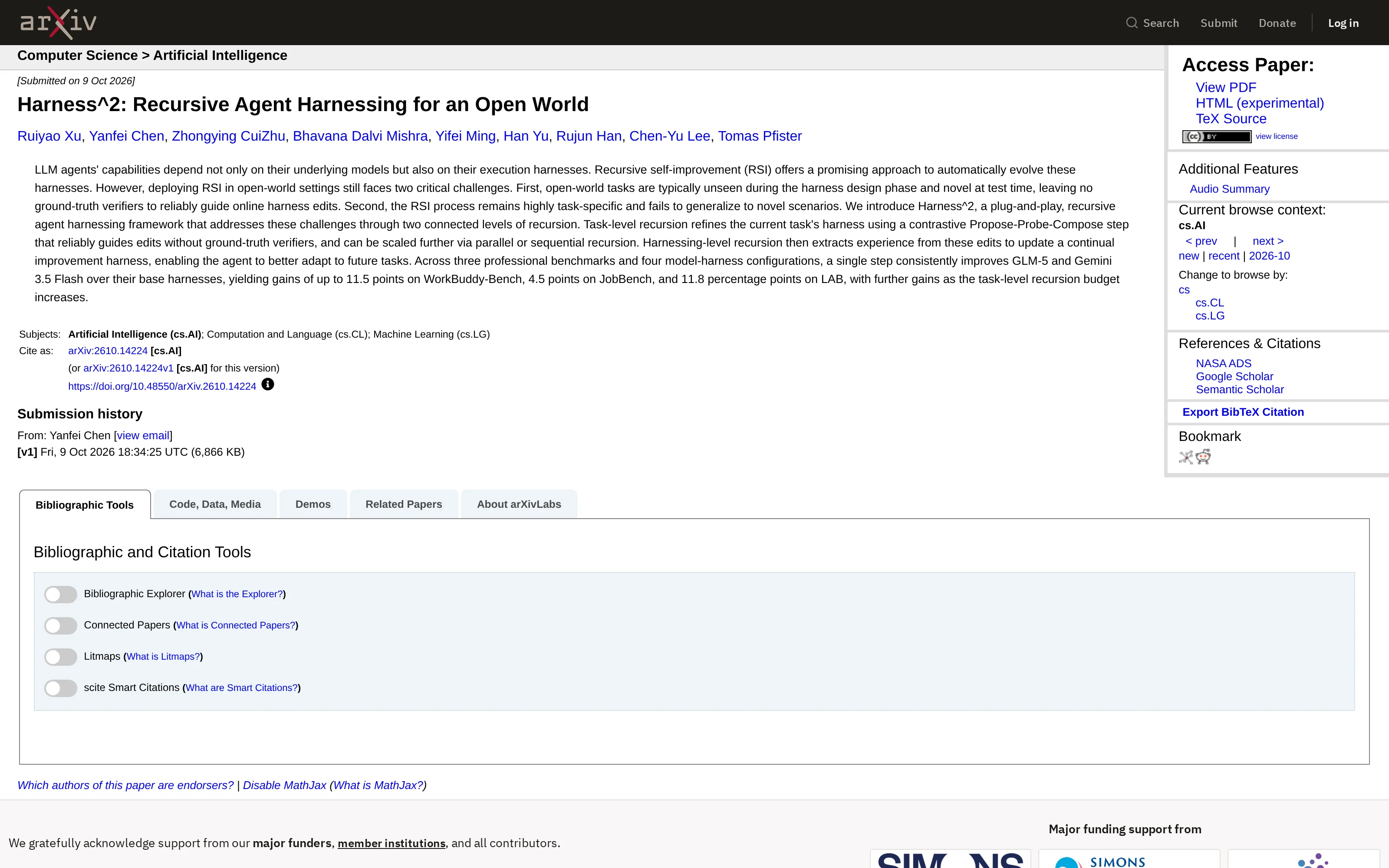 The arXiv record for Xu and colleagues' Harness² paper, showing the abstract and reported results.