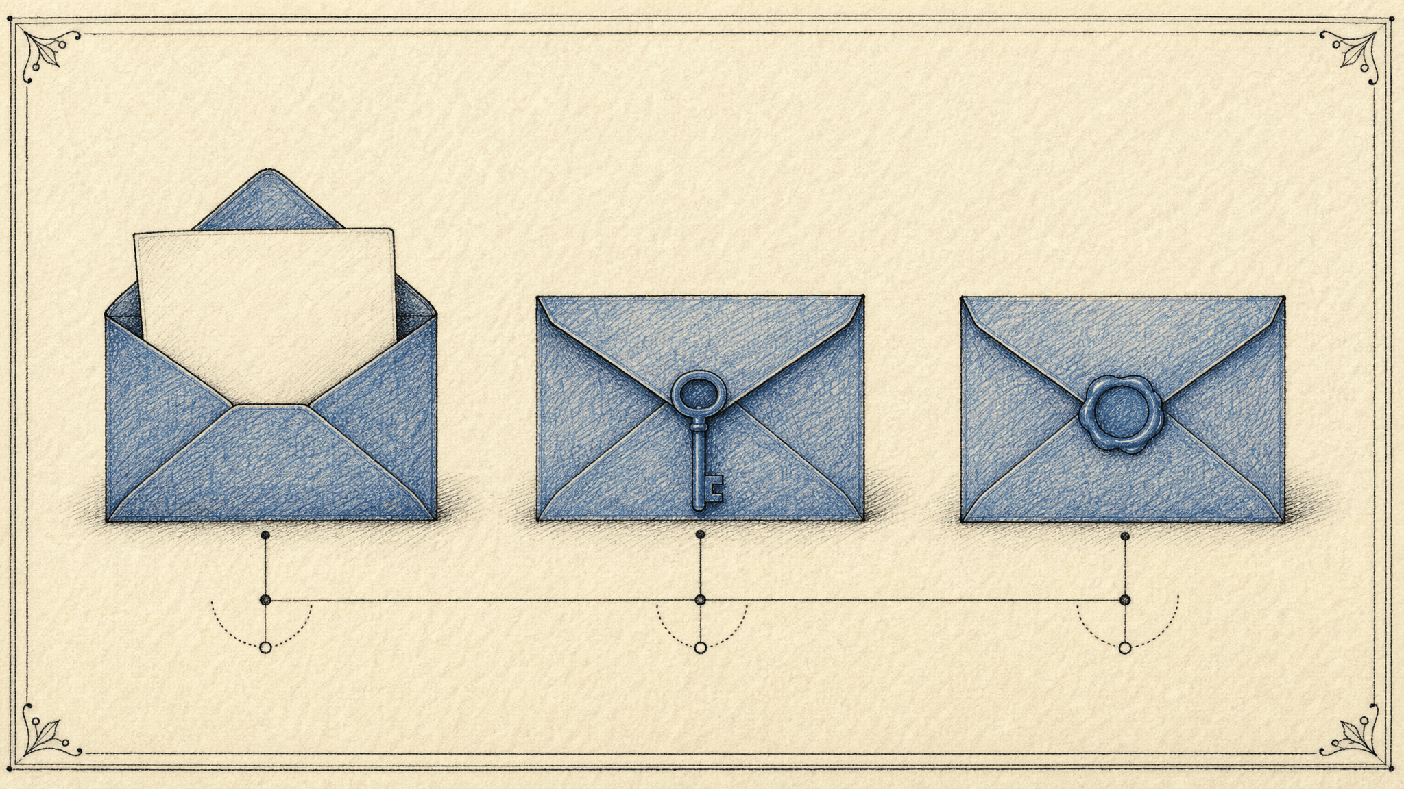 Three envelopes show a safe progression from reading to a locked draft to an approved outbound action.