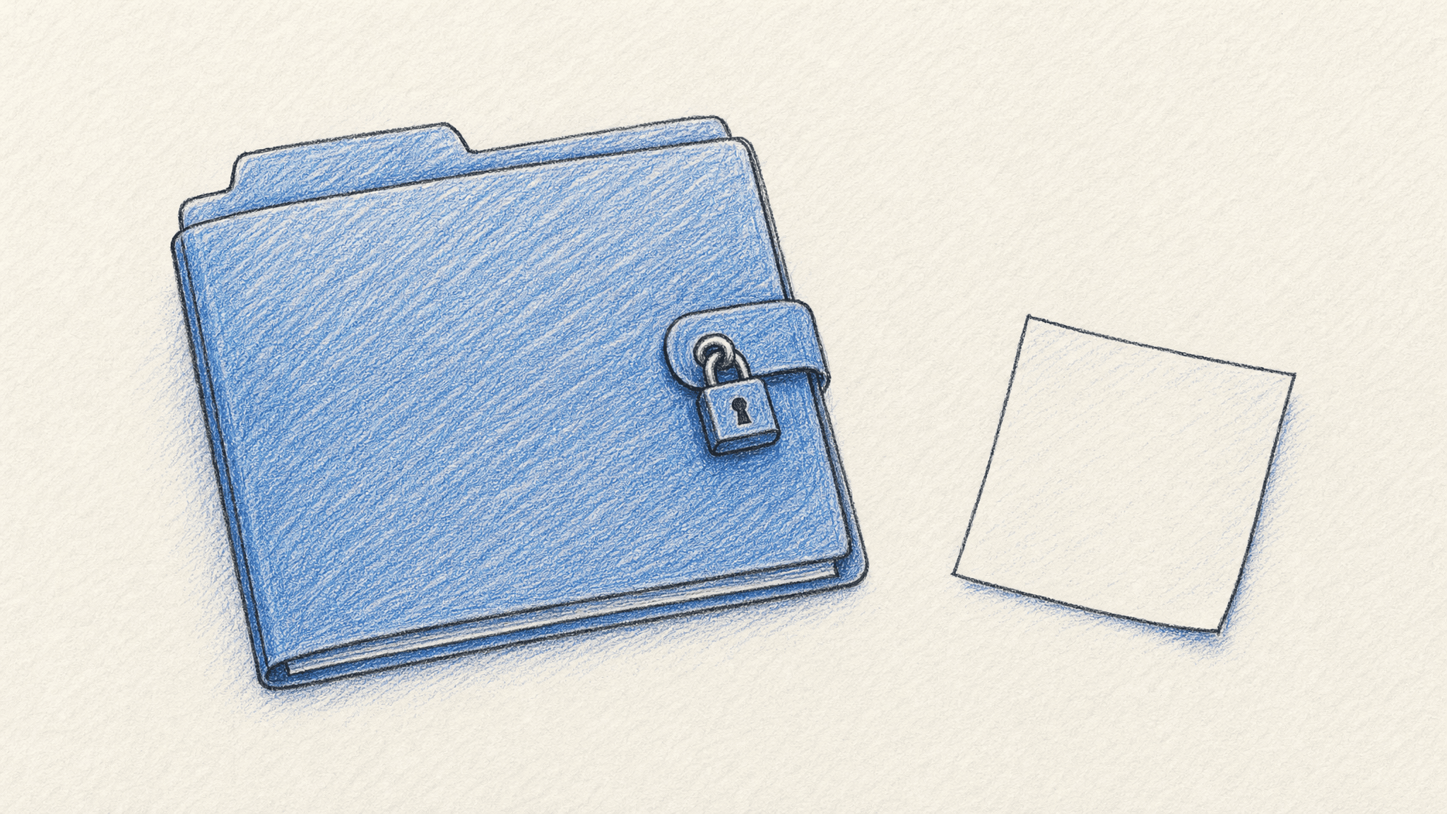 Pencil illustration of a locked folder separated from a blank note, representing permission boundaries