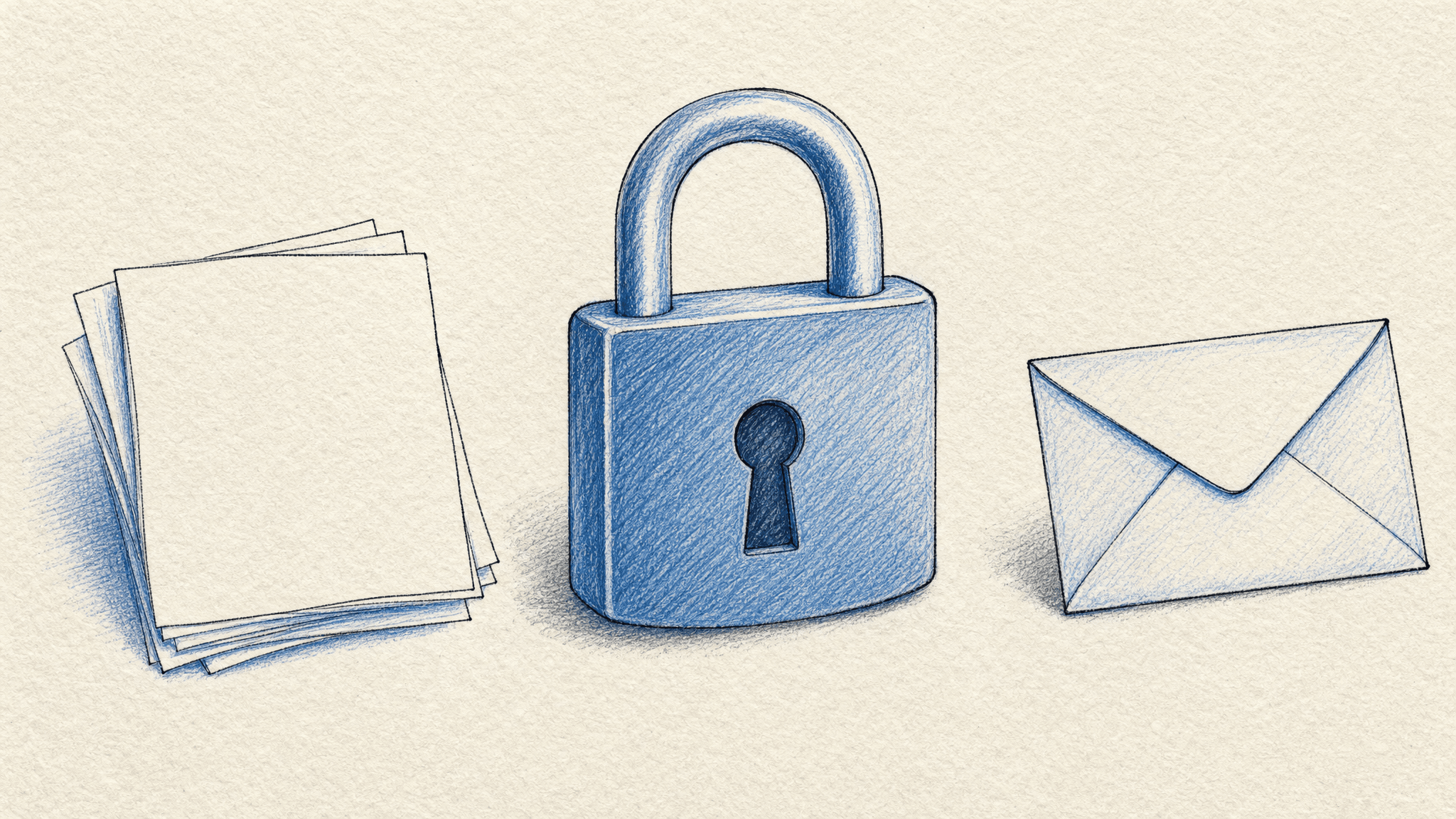 An inked lock between a document and an envelope, separating access to information from permission to send.