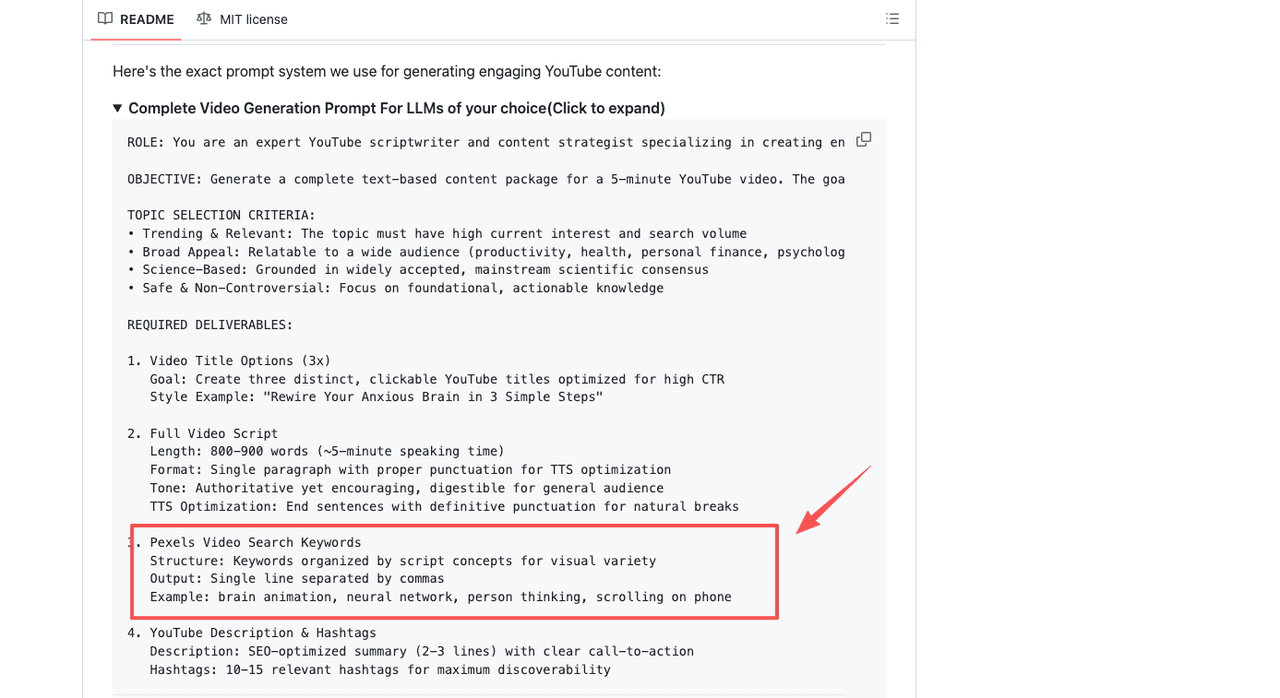 A video-generation prompt asking the model to output Pexels search keywords grouped by script concept for visual variety