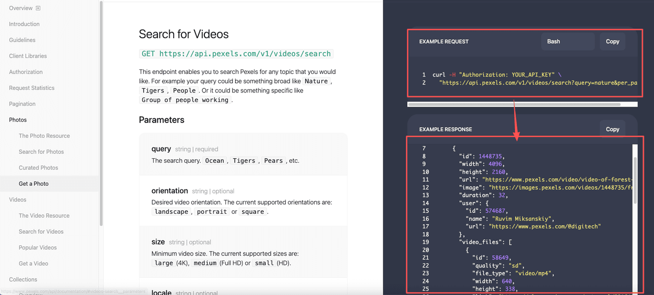 The Pexels API video search endpoint: a GET request with query and filters returns paginated clips with multiple resolution files