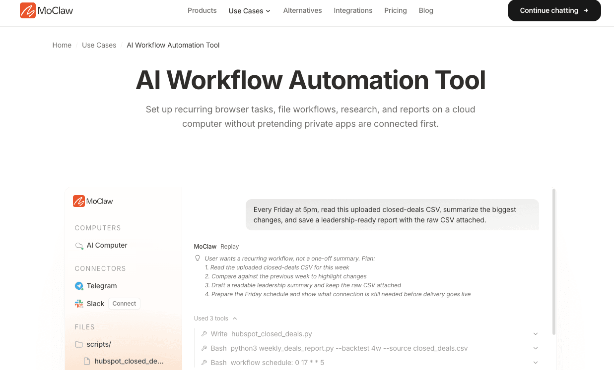 Zentor (formerly MoClaw) AI Workflow Automation tool running a recurring, scheduled task end to end